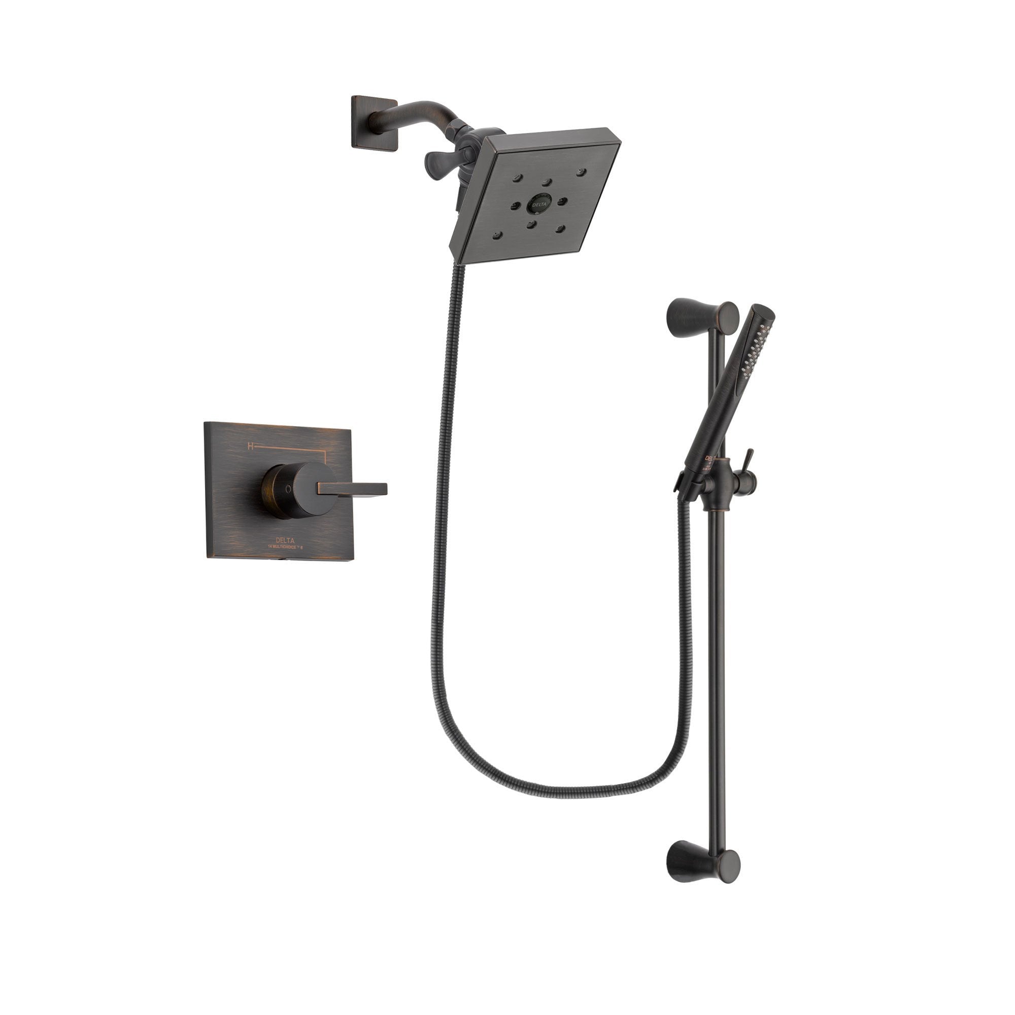 Delta Vero Venetian Bronze Finish Shower Faucet System Package with Square Shower Head and Modern Hand Shower with Slide Bar Includes Rough-in Valve DSP3168V