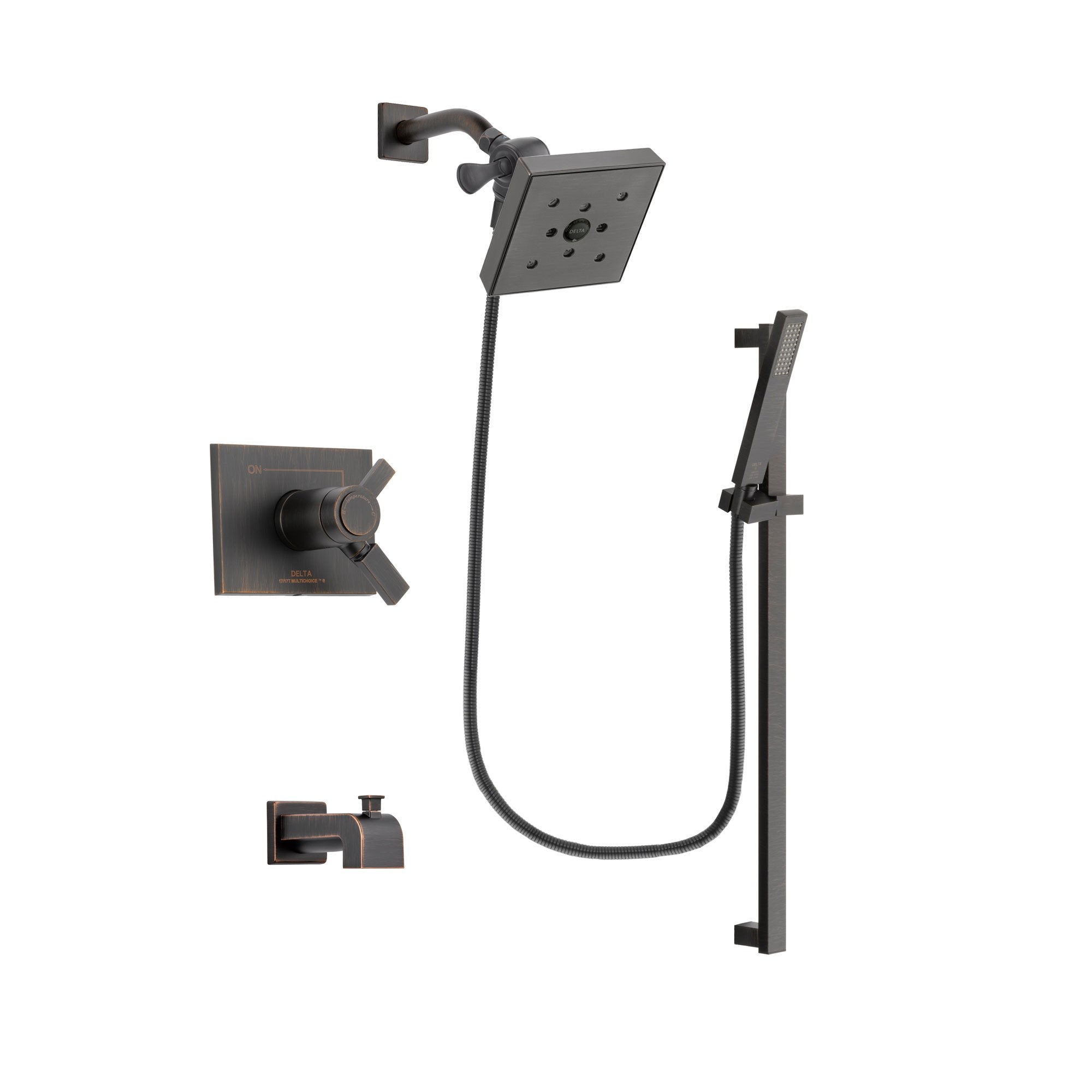 Delta Vero Venetian Bronze Finish Thermostatic Tub and Shower Faucet System Package with Square Shower Head and Modern Handheld Shower Spray with Square Slide Bar Includes Rough-in Valve and Tub Spout DSP3199V