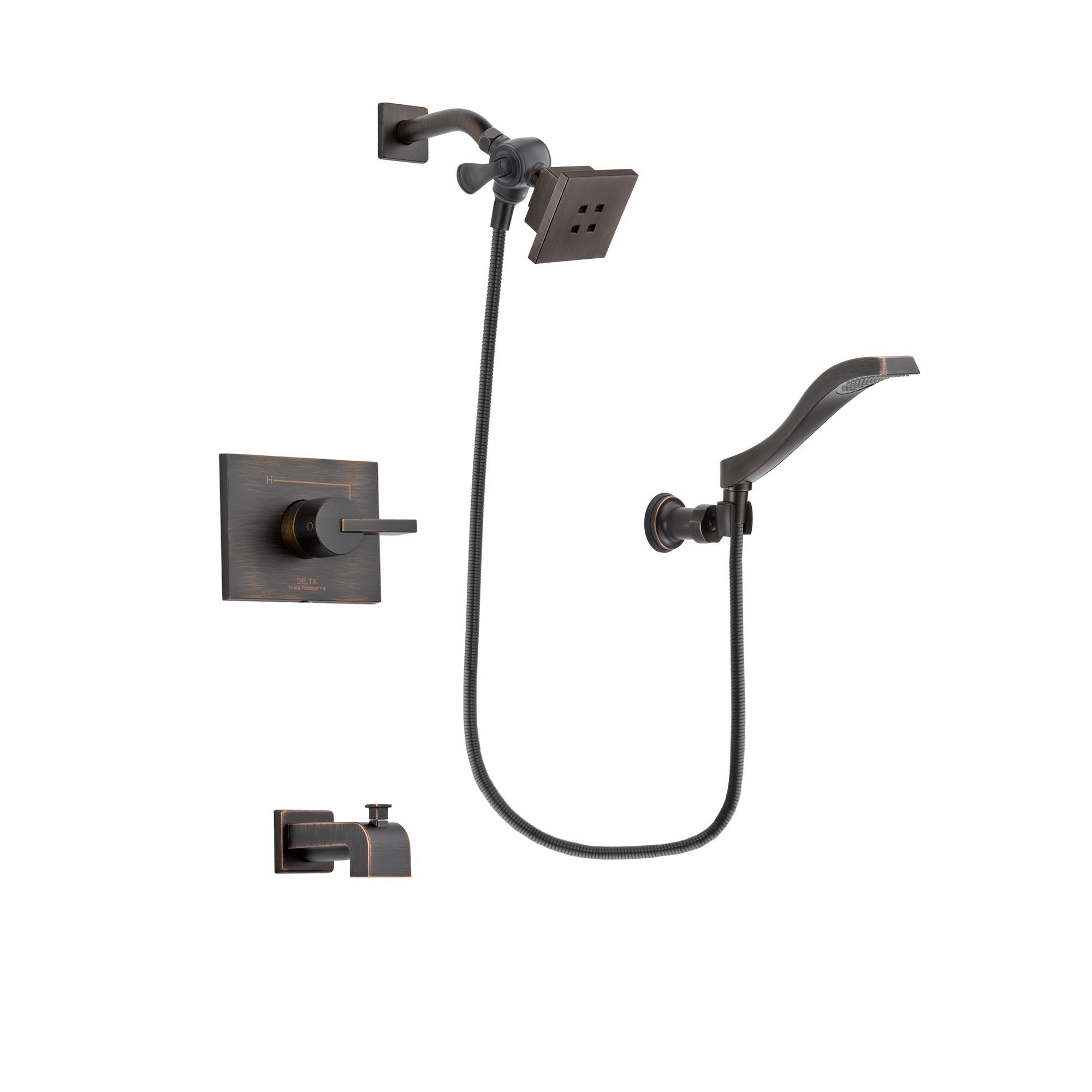 Delta Vero Venetian Bronze Finish Tub and Shower Faucet System Package with Square Showerhead and Modern Wall Mount Handheld Shower Spray Includes Rough-in Valve and Tub Spout DSP3215V