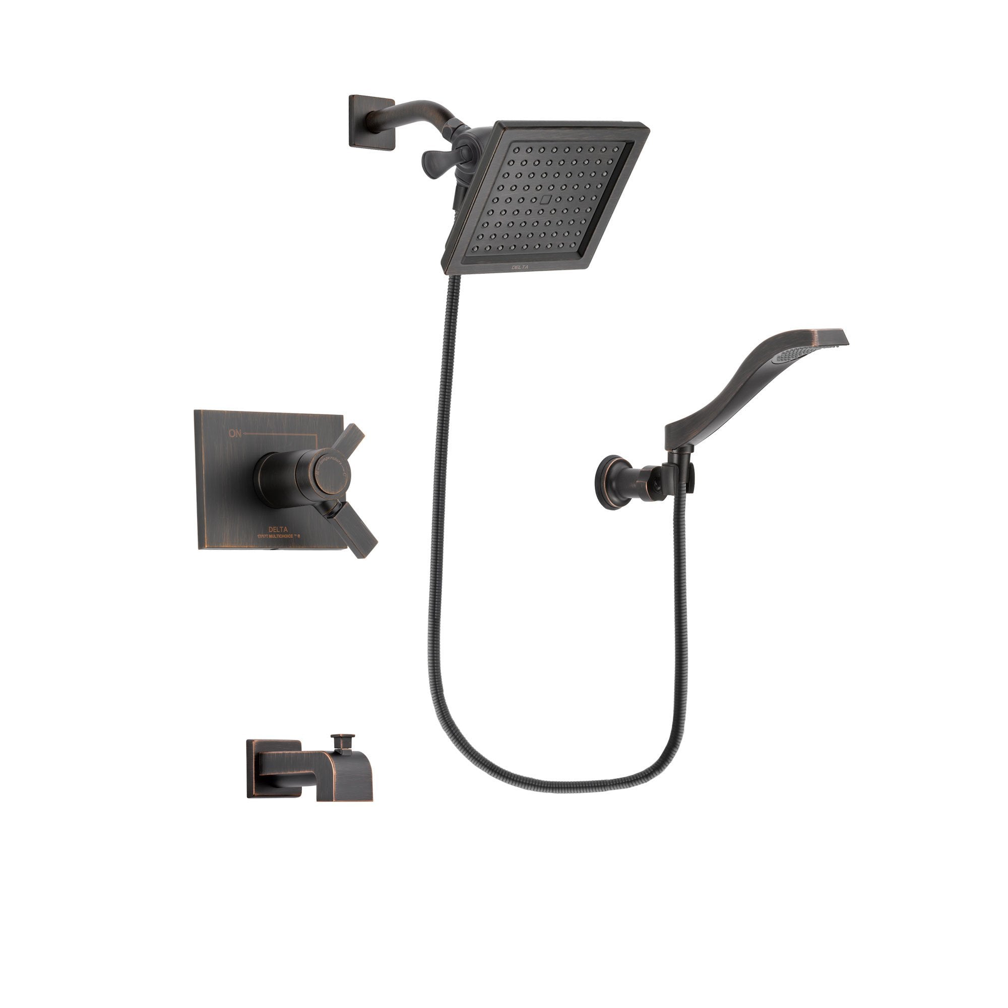 Delta Vero Venetian Bronze Finish Thermostatic Tub and Shower Faucet System Package with 6.5-inch Square Rain Showerhead and Modern Wall Mount Handheld Shower Spray Includes Rough-in Valve and Tub Spout DSP3223V