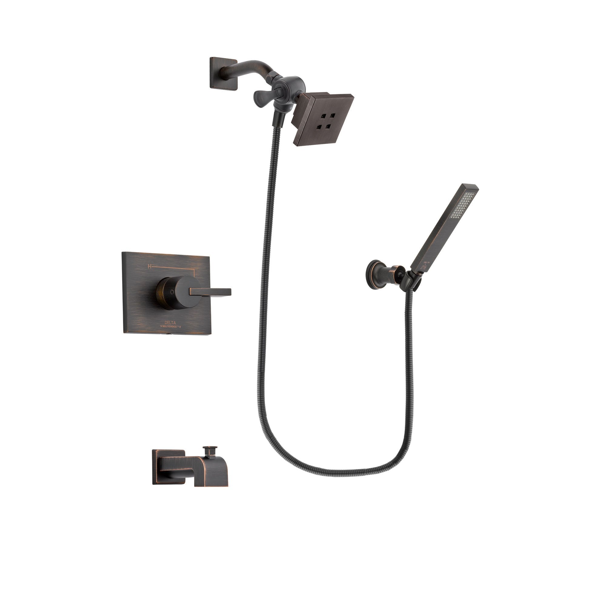 Delta Vero Venetian Bronze Finish Tub and Shower Faucet System Package with Square Showerhead and Modern Wall-Mount Handheld Shower Stick Includes Rough-in Valve and Tub Spout DSP3251V