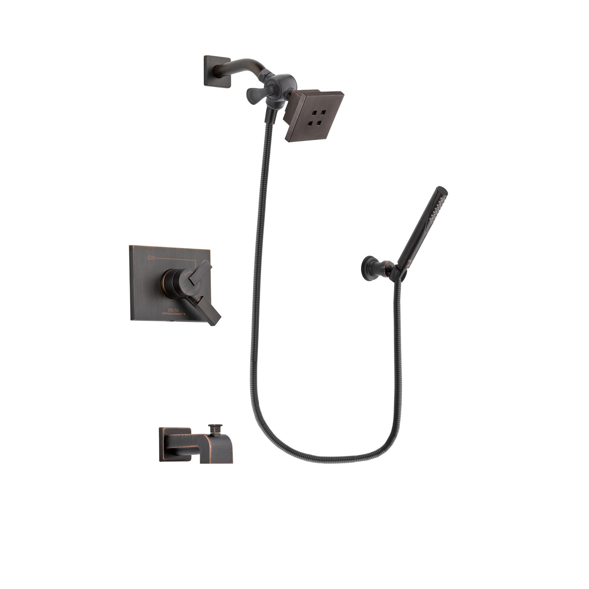 Delta Vero Venetian Bronze Finish Dual Control Tub and Shower Faucet System Package with Square Showerhead and Cylindrical Wall-Mount Handheld Shower Stick Includes Rough-in Valve and Tub Spout DSP3291V