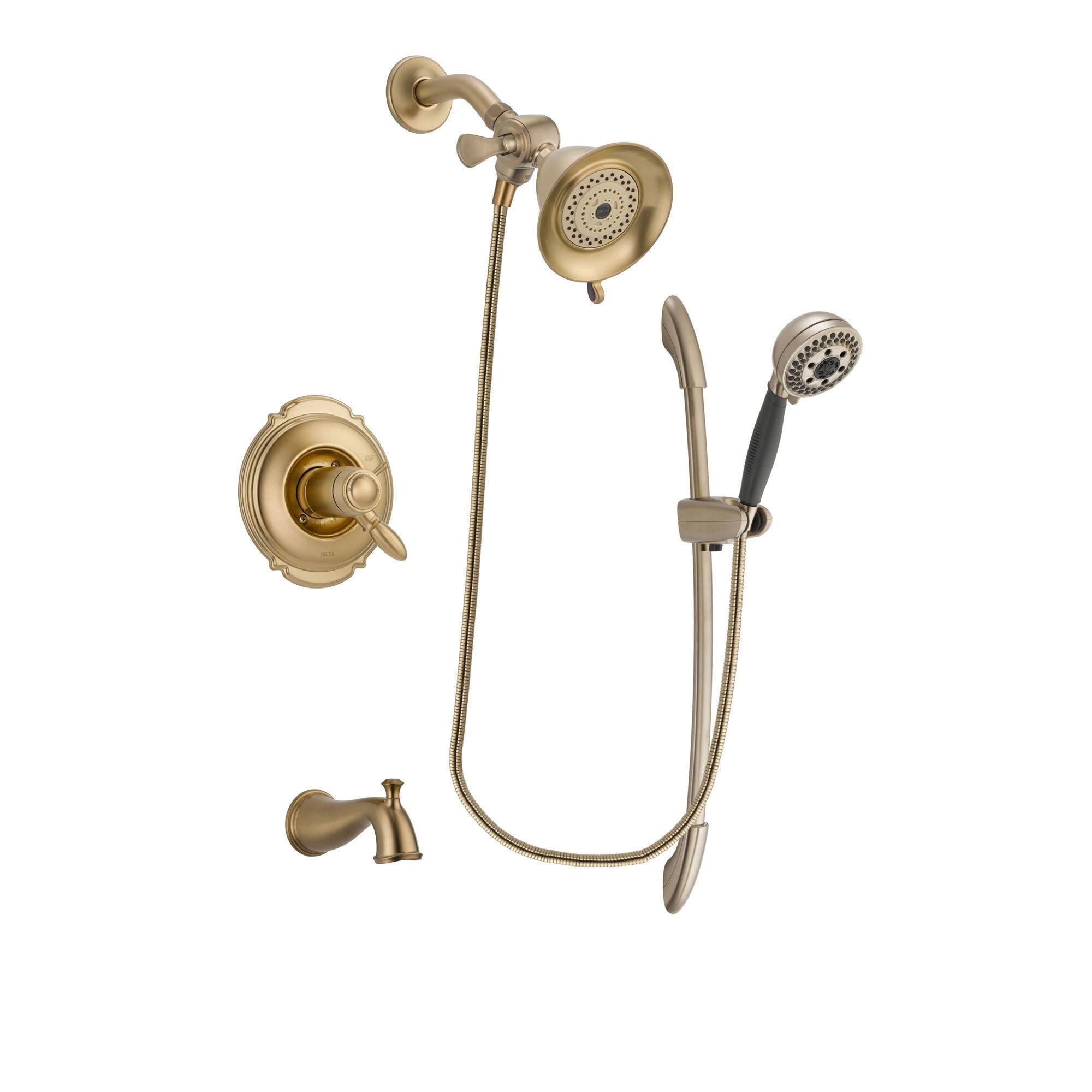 Delta Victorian Champagne Bronze Finish Thermostatic Tub and Shower Faucet System Package with Water-Efficient Shower Head and 5-Spray Handshower with Slide Bar Includes Rough-in Valve and Tub Spout DSP3319V
