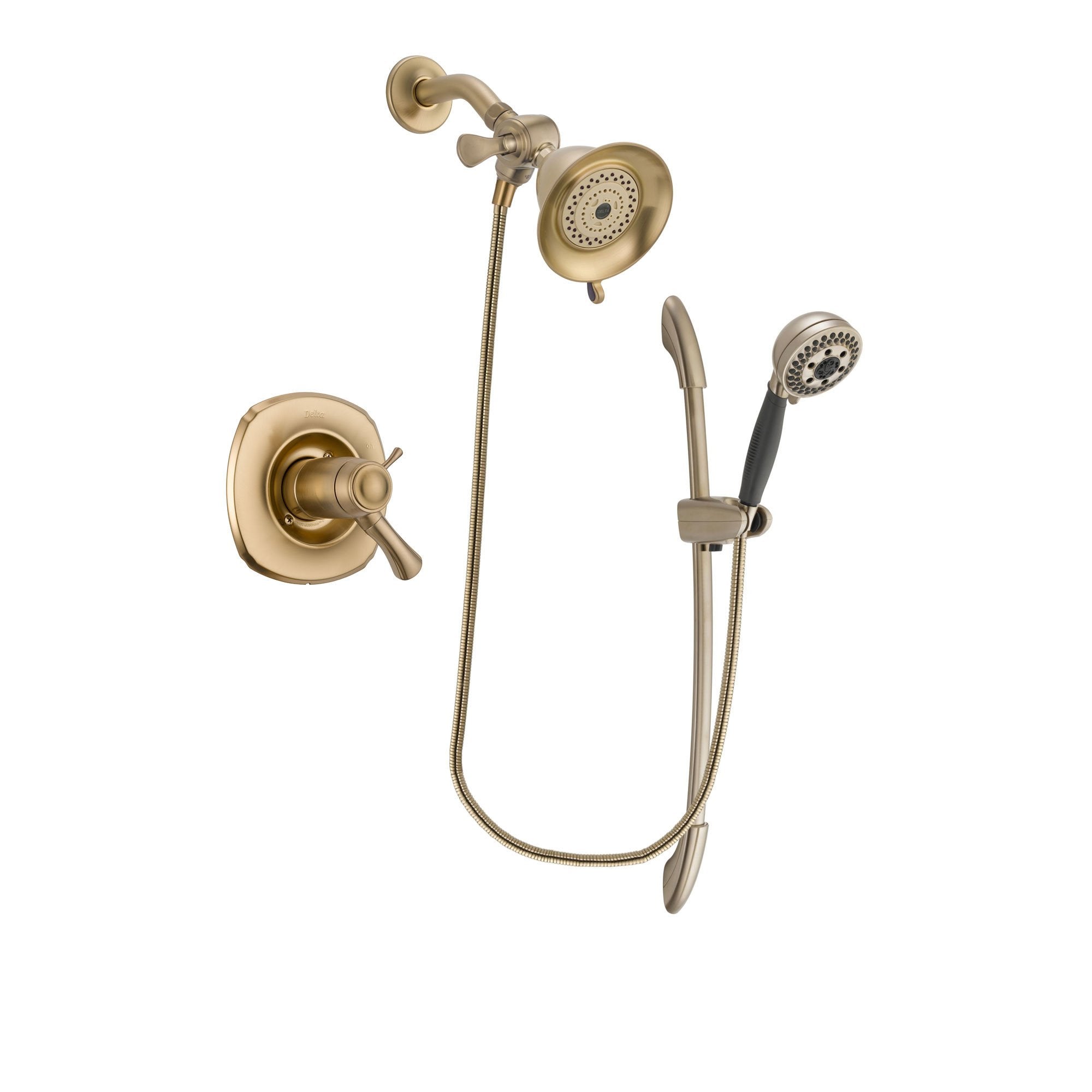Delta Addison Champagne Bronze Finish Thermostatic Shower Faucet System Package with Water-Efficient Shower Head and 5-Spray Handshower with Slide Bar Includes Rough-in Valve DSP3322V