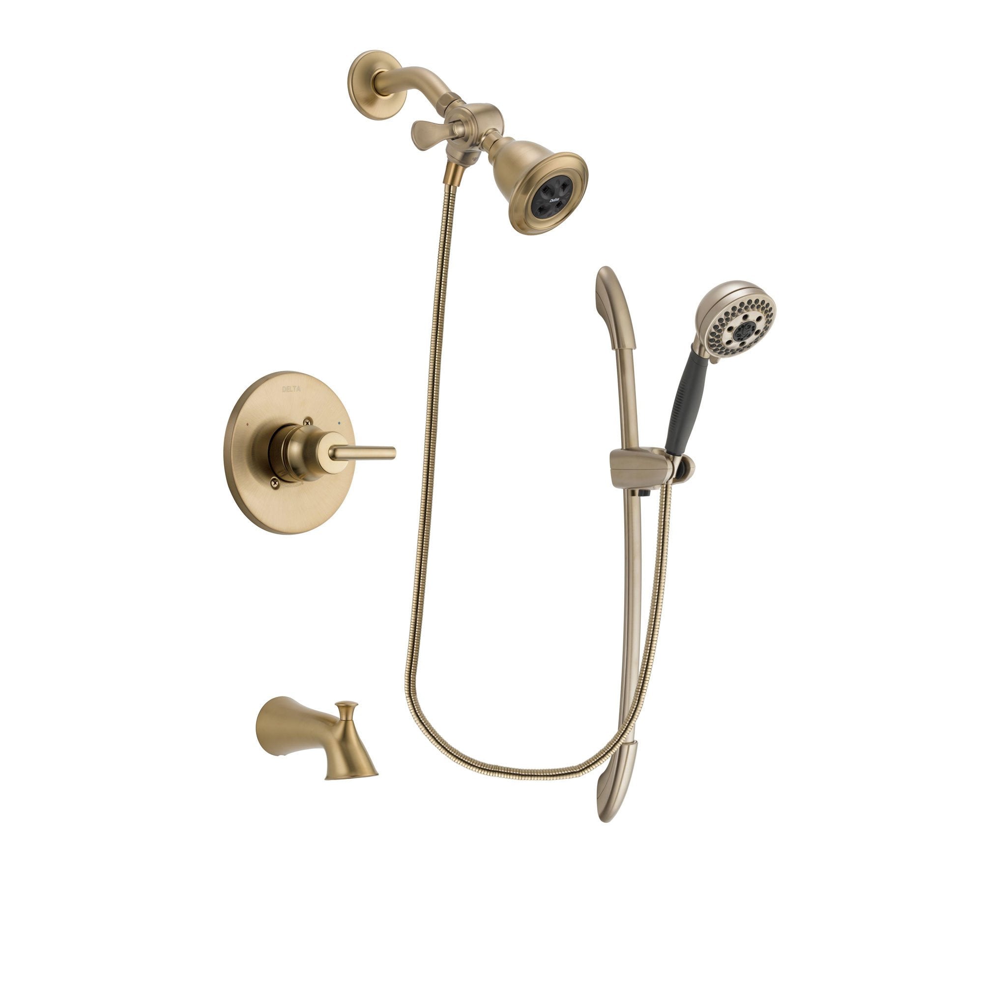 Delta Trinsic Champagne Bronze Finish Tub and Shower Faucet System Package with Water Efficient Showerhead and 5-Spray Handshower with Slide Bar Includes Rough-in Valve and Tub Spout DSP3353V
