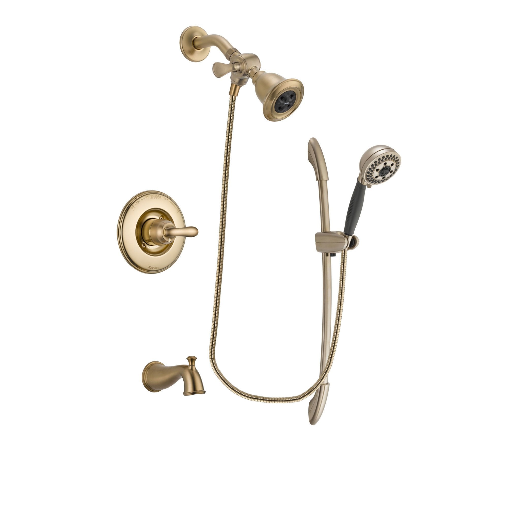Delta Linden Champagne Bronze Finish Tub and Shower Faucet System Package with Water Efficient Showerhead and 5-Spray Handshower with Slide Bar Includes Rough-in Valve and Tub Spout DSP3357V