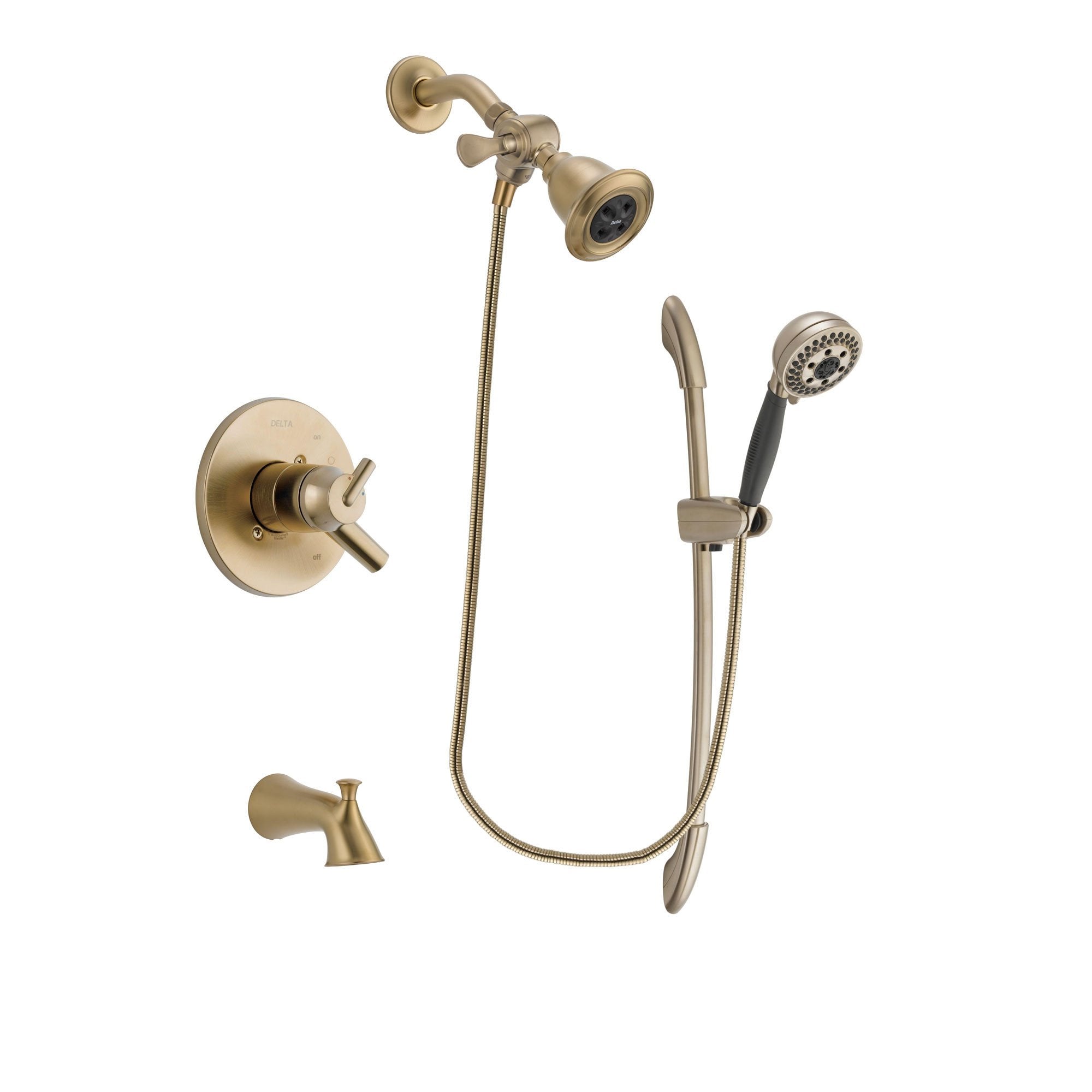 Delta Trinsic Champagne Bronze Finish Dual Control Tub and Shower Faucet System Package with Water Efficient Showerhead and 5-Spray Handshower with Slide Bar Includes Rough-in Valve and Tub Spout DSP3361V