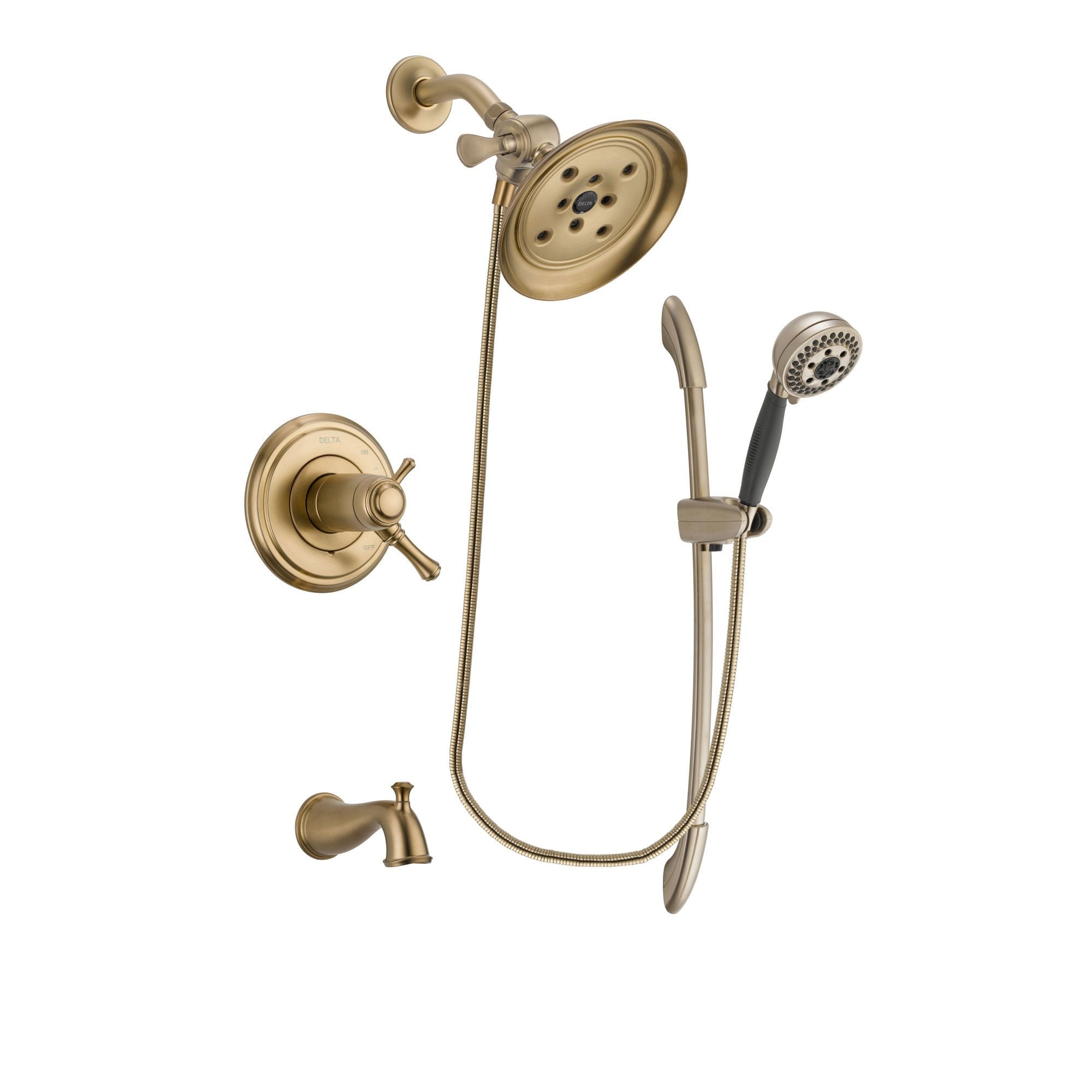 Delta Cassidy Champagne Bronze Finish Thermostatic Tub and Shower Faucet System Package with Large Rain Shower Head and 5-Spray Handshower with Slide Bar Includes Rough-in Valve and Tub Spout DSP3375V