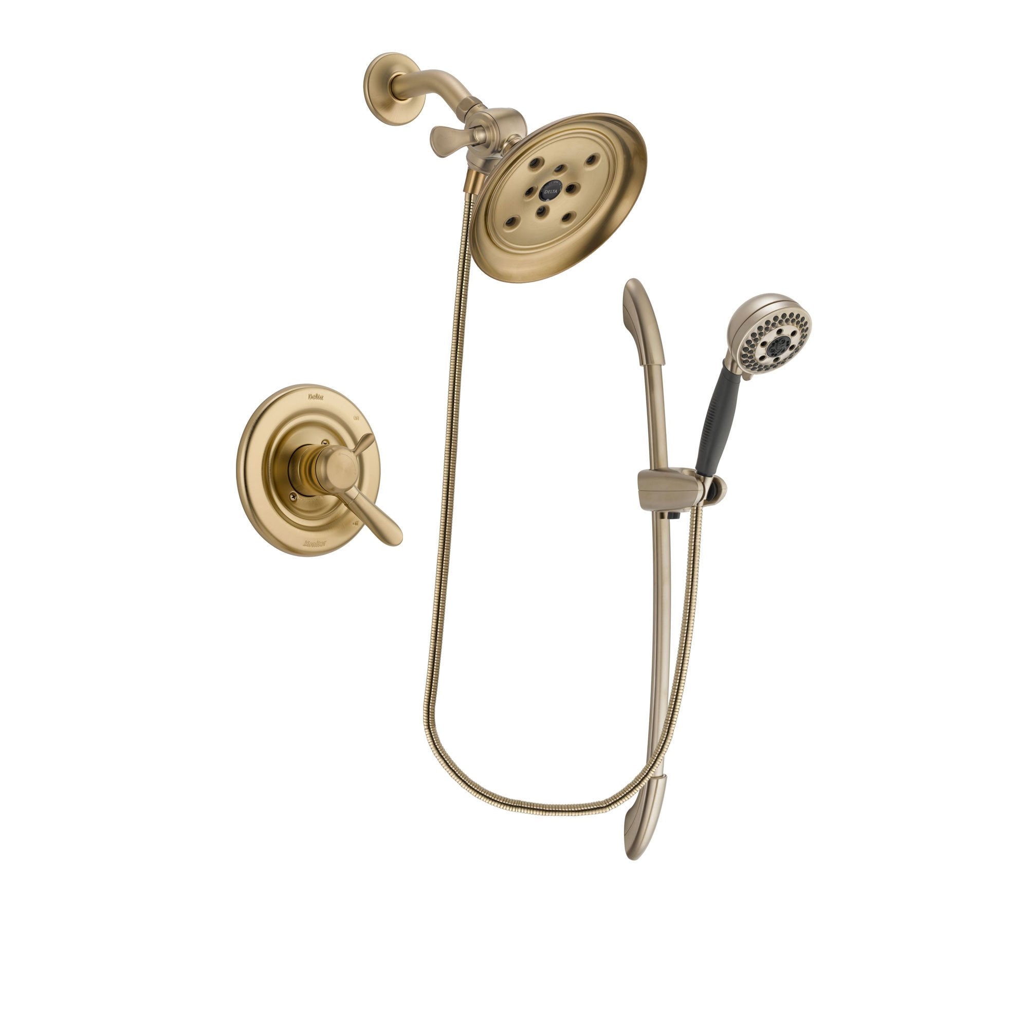 Delta Lahara Champagne Bronze Finish Dual Control Shower Faucet System Package with Large Rain Shower Head and 5-Spray Handshower with Slide Bar Includes Rough-in Valve DSP3386V
