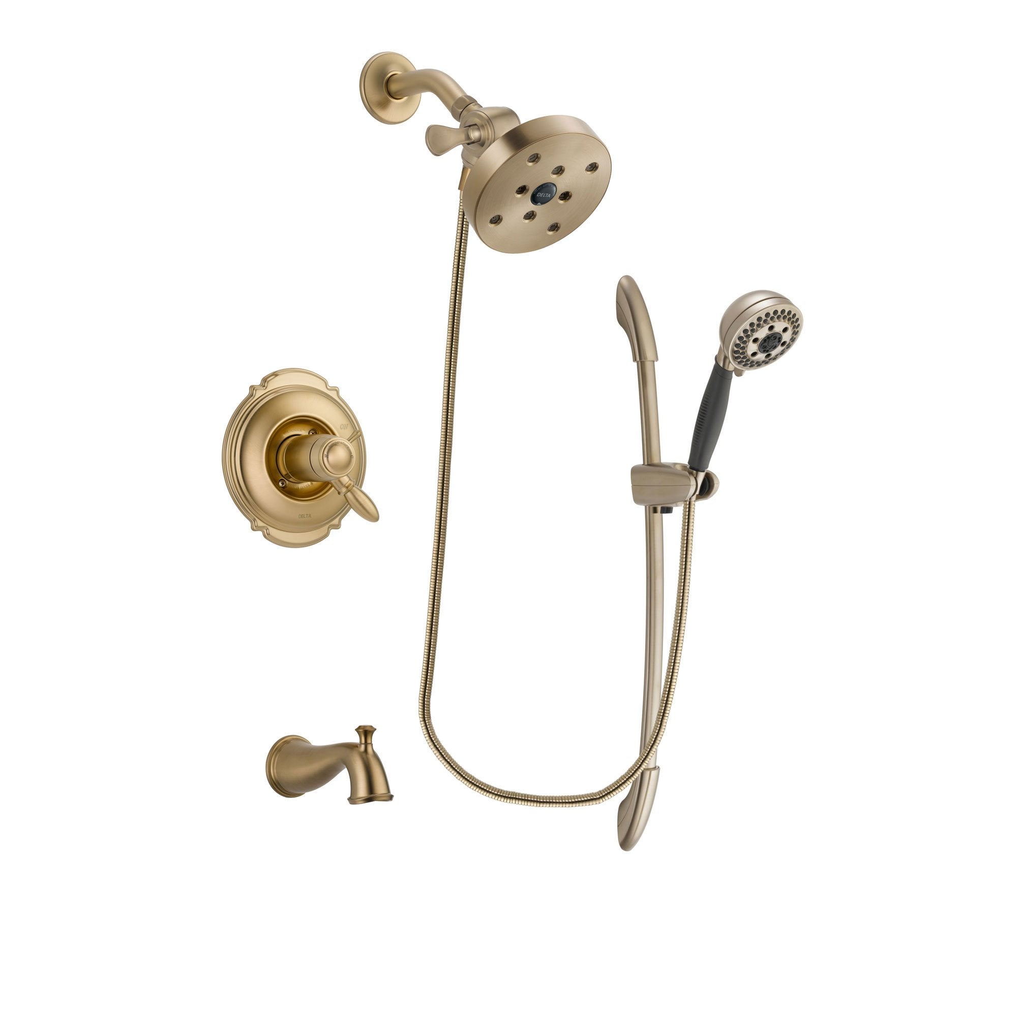 Delta Victorian Champagne Bronze Finish Thermostatic Tub and Shower Faucet System Package with 5-1/2 inch Showerhead and 5-Spray Handshower with Slide Bar Includes Rough-in Valve and Tub Spout DSP3397V