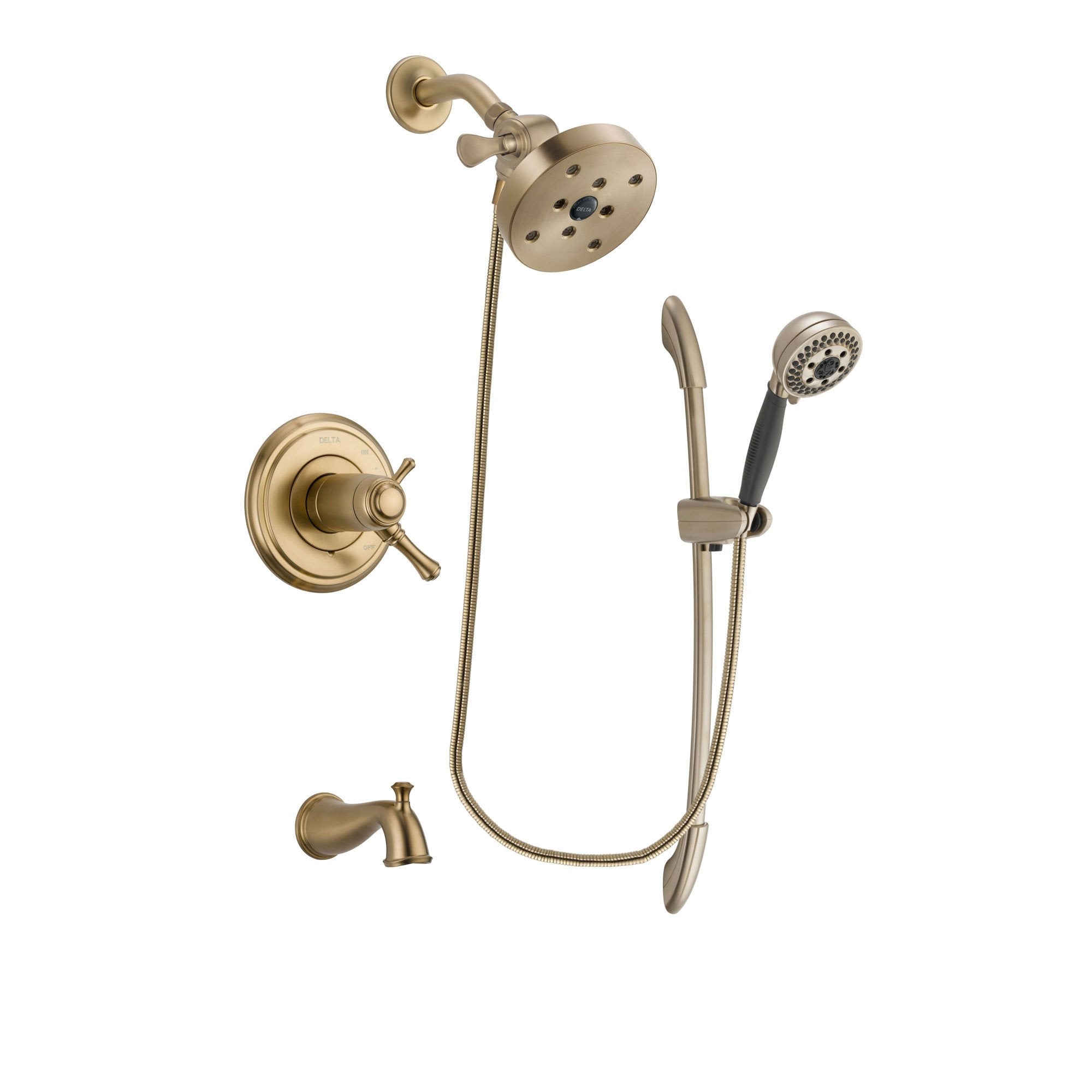 Delta Cassidy Champagne Bronze Finish Thermostatic Tub and Shower Faucet System Package with 5-1/2 inch Showerhead and 5-Spray Handshower with Slide Bar Includes Rough-in Valve and Tub Spout DSP3401V