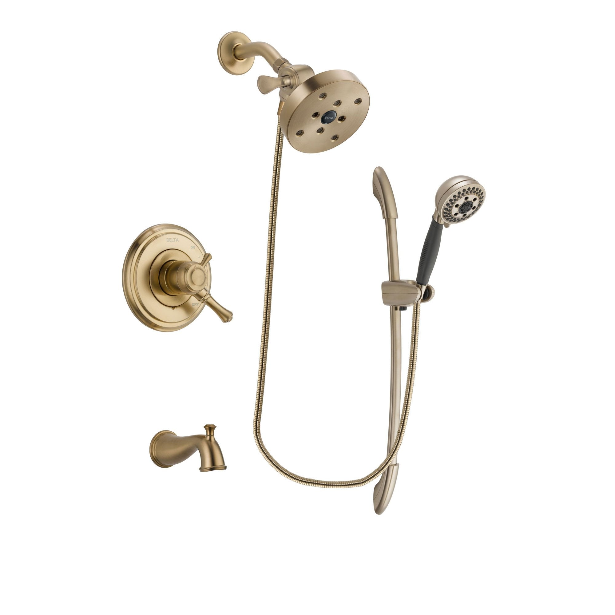 Delta Cassidy Champagne Bronze Finish Dual Control Tub and Shower Faucet System Package with 5-1/2 inch Showerhead and 5-Spray Handshower with Slide Bar Includes Rough-in Valve and Tub Spout DSP3419V