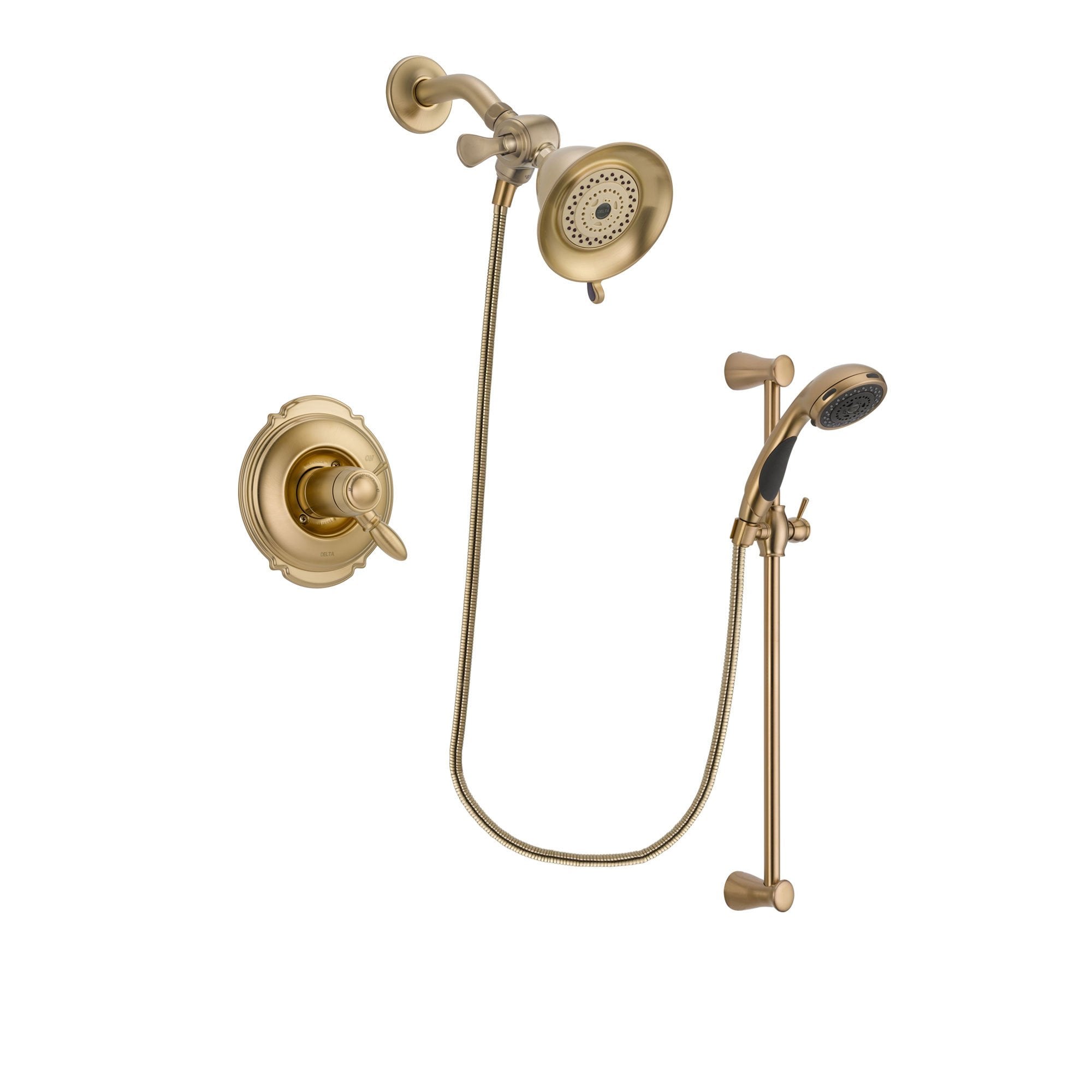 Delta Victorian Champagne Bronze Finish Thermostatic Shower Faucet System Package with Water-Efficient Shower Head and Personal Handheld Shower Sprayer with Slide Bar Includes Rough-in Valve DSP3424V