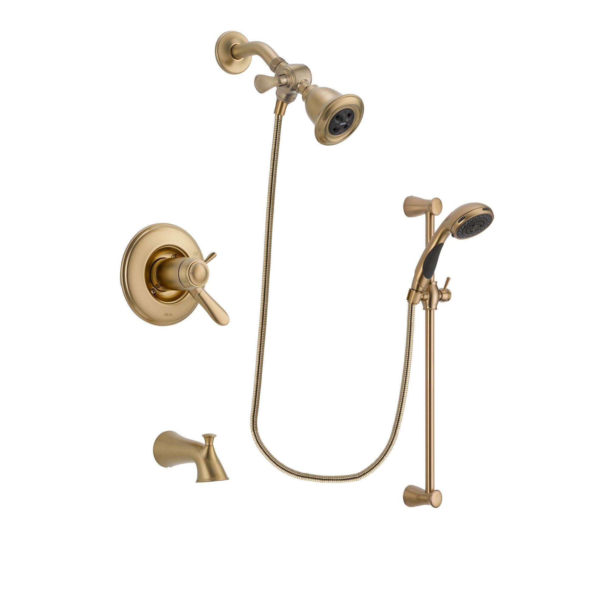 Delta Lahara Champagne Bronze Finish Thermostatic Tub and Shower Faucet System Package with Water Efficient Showerhead and Personal Handheld Shower Sprayer with Slide Bar Includes Rough-in Valve and Tub Spout DSP3447V