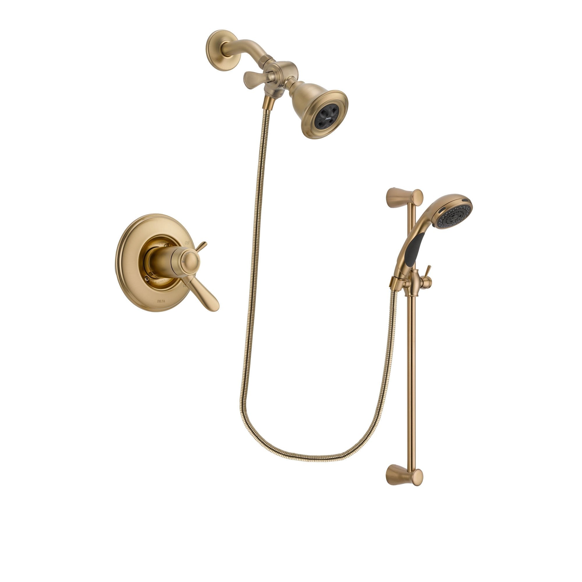 Delta Lahara Champagne Bronze Finish Thermostatic Shower Faucet System Package with Water Efficient Showerhead and Personal Handheld Shower Sprayer with Slide Bar Includes Rough-in Valve DSP3448V