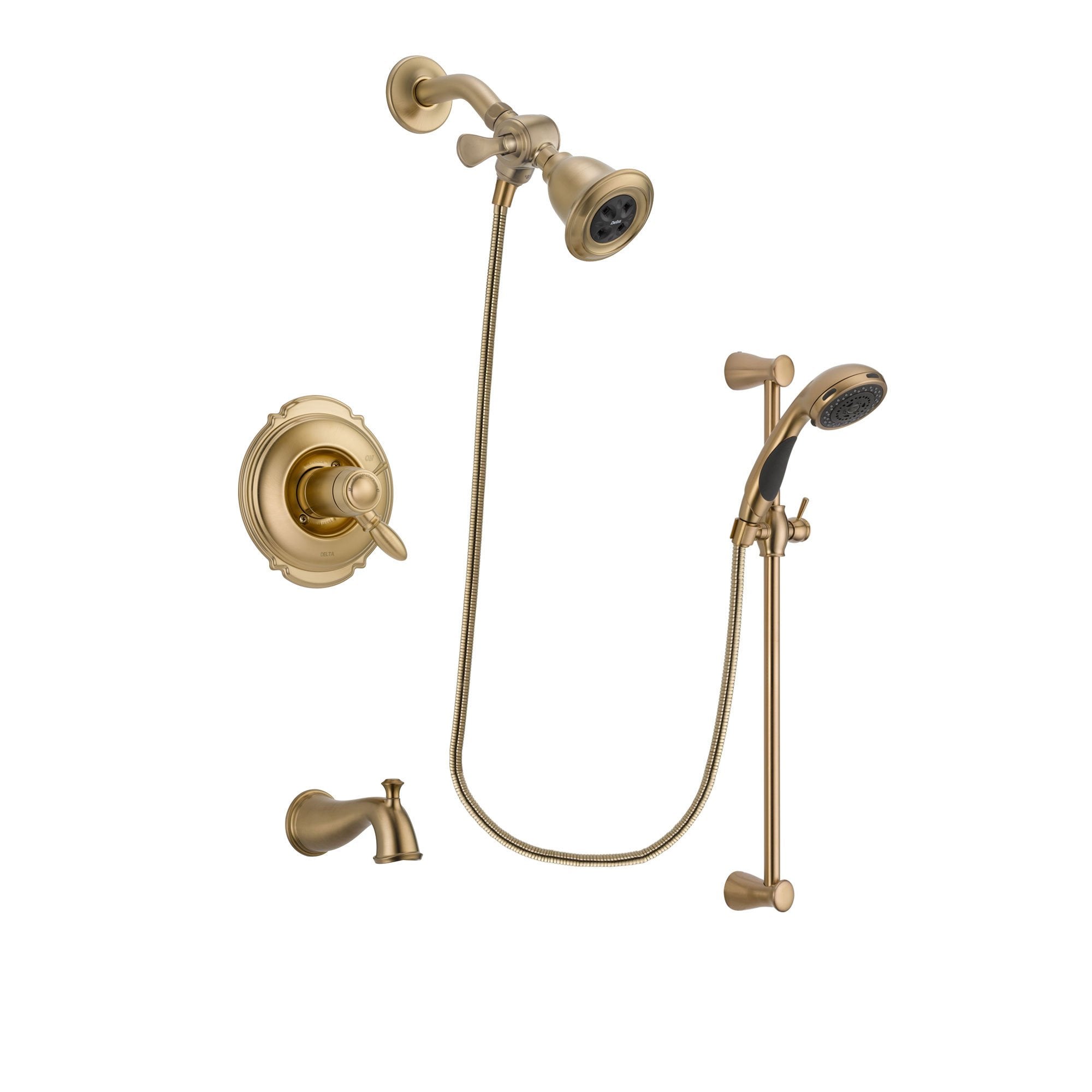 Delta Victorian Champagne Bronze Finish Thermostatic Tub and Shower Faucet System Package with Water Efficient Showerhead and Personal Handheld Shower Sprayer with Slide Bar Includes Rough-in Valve and Tub Spout DSP3449V