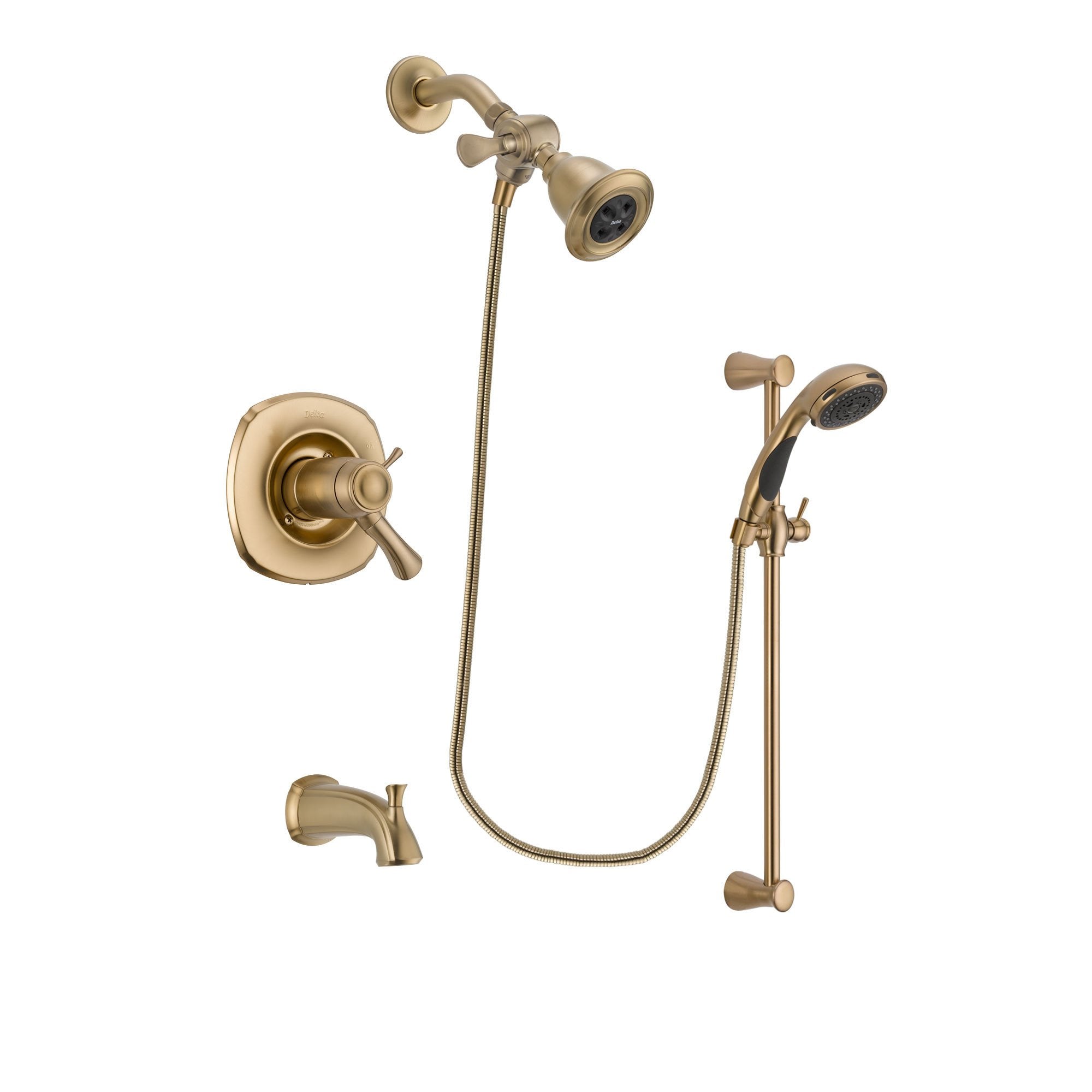 Delta Addison Champagne Bronze Finish Thermostatic Tub and Shower Faucet System Package with Water Efficient Showerhead and Personal Handheld Shower Sprayer with Slide Bar Includes Rough-in Valve and Tub Spout DSP3451V