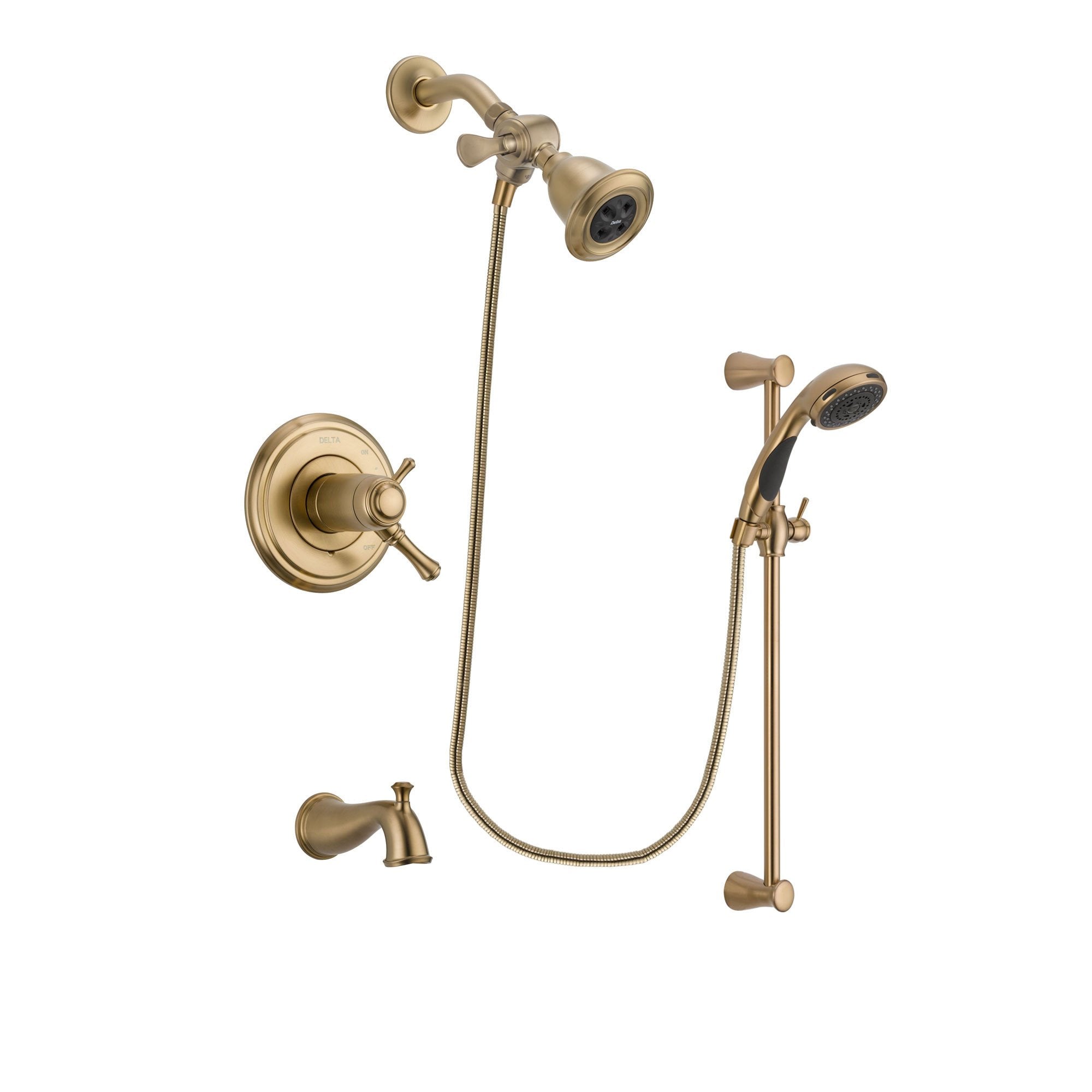 Delta Cassidy Champagne Bronze Finish Thermostatic Tub and Shower Faucet System Package with Water Efficient Showerhead and Personal Handheld Shower Sprayer with Slide Bar Includes Rough-in Valve and Tub Spout DSP3453V