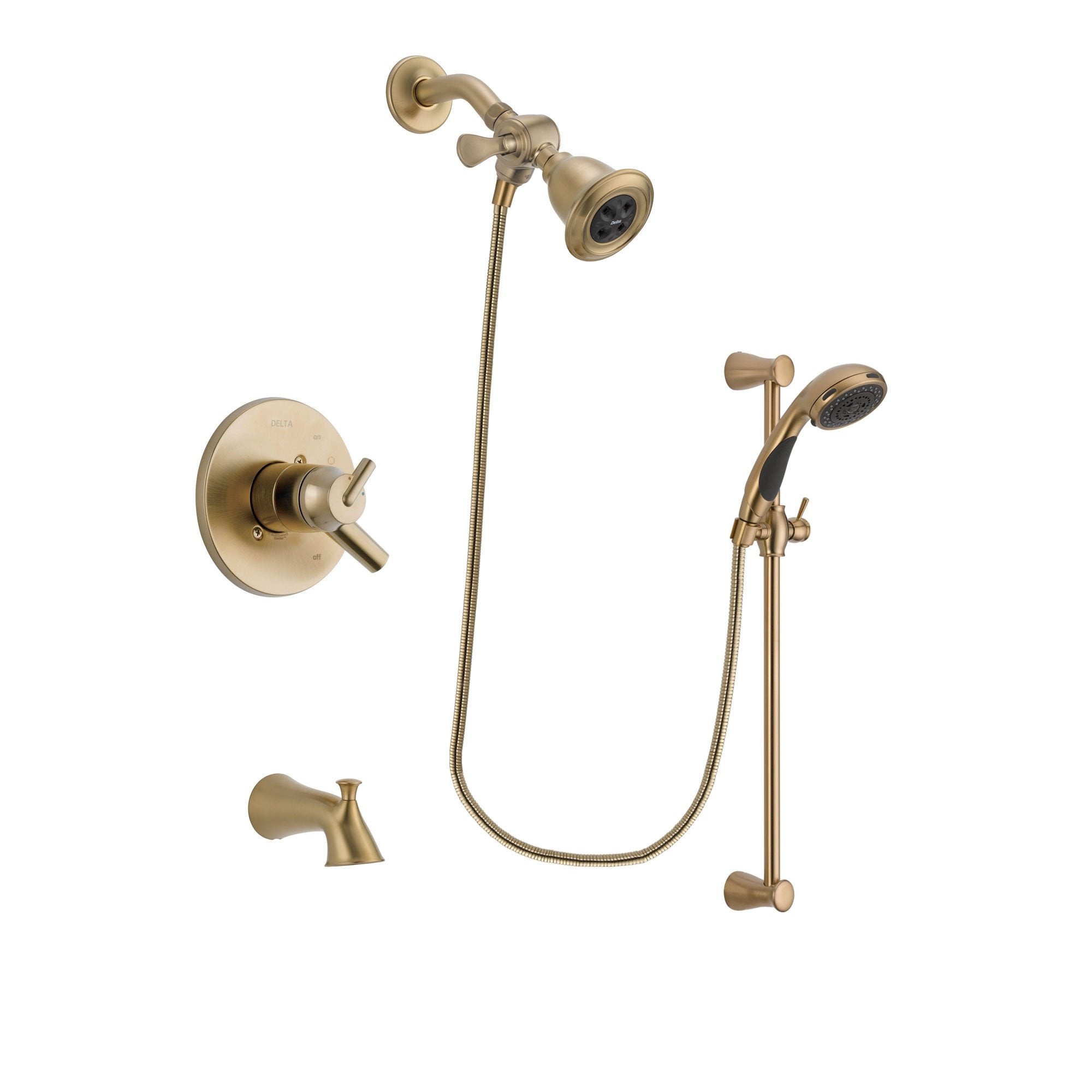 Delta Trinsic Champagne Bronze Finish Dual Control Tub and Shower Faucet System Package with Water Efficient Showerhead and Personal Handheld Shower Sprayer with Slide Bar Includes Rough-in Valve and Tub Spout DSP3465V