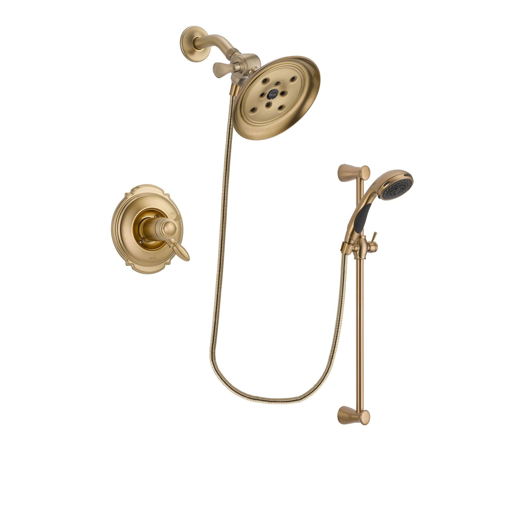 Delta Victorian Champagne Bronze Finish Thermostatic Shower Faucet System Package with Large Rain Shower Head and Personal Handheld Shower Sprayer with Slide Bar Includes Rough-in Valve DSP3476V