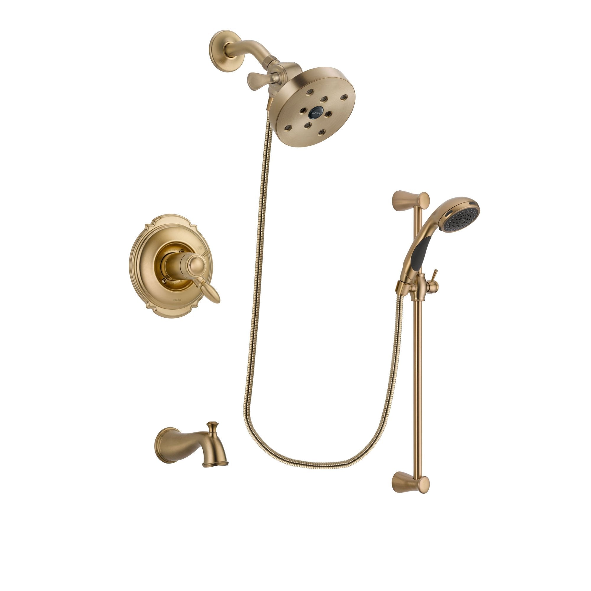 Delta Victorian Champagne Bronze Finish Thermostatic Tub and Shower Faucet System Package with 5-1/2 inch Showerhead and Personal Handheld Shower Sprayer with Slide Bar Includes Rough-in Valve and Tub Spout DSP3501V