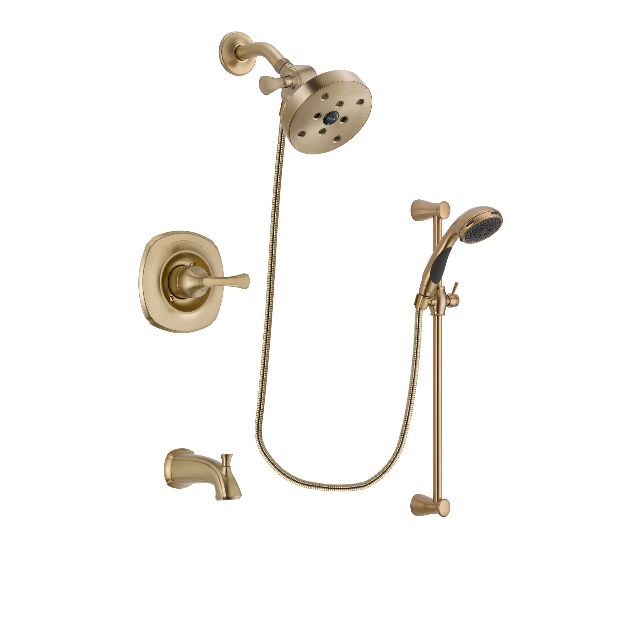 Delta Addison Champagne Bronze Finish Tub and Shower Faucet System Package with 5-1/2 inch Showerhead and Personal Handheld Shower Sprayer with Slide Bar Includes Rough-in Valve and Tub Spout DSP3511V