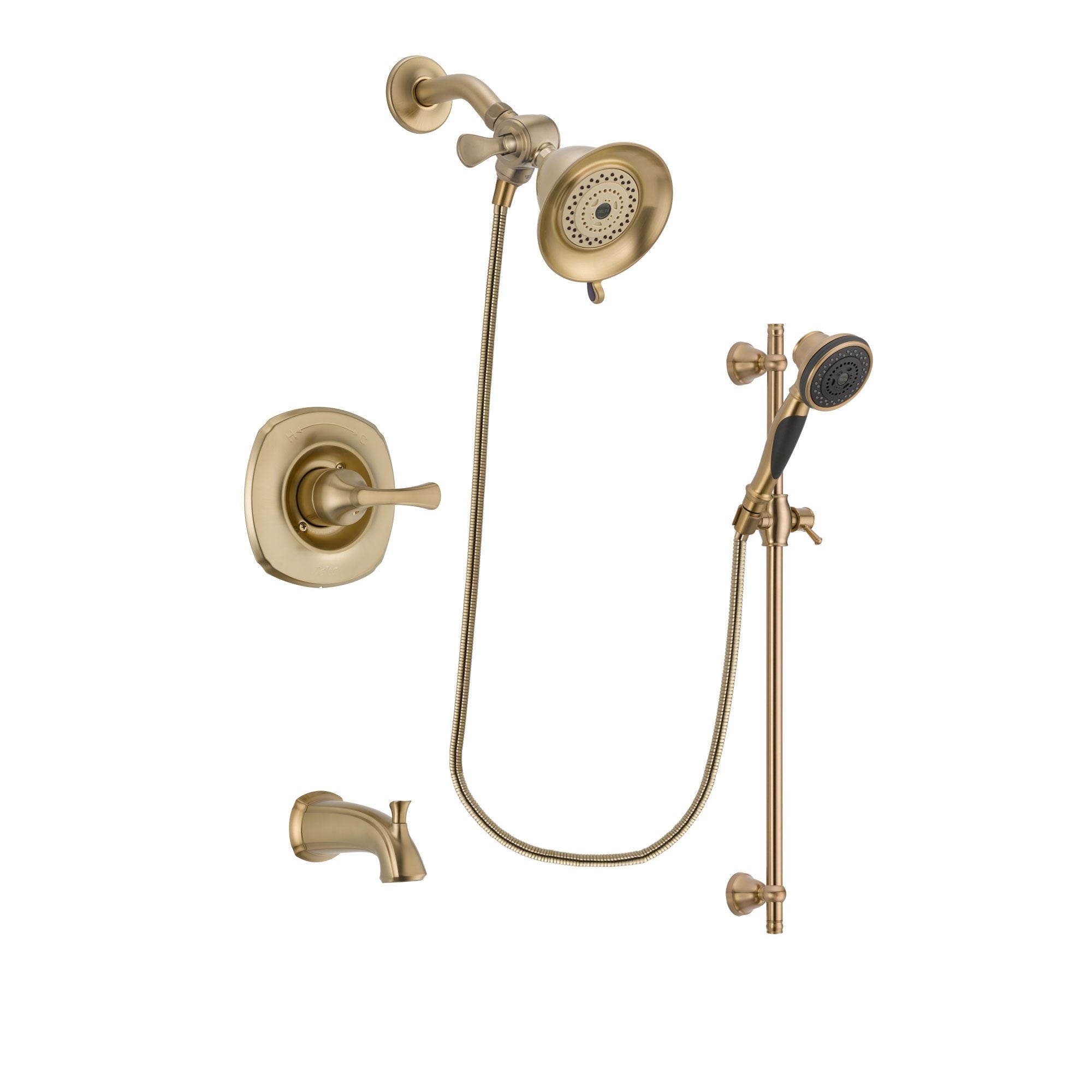 Delta Addison Champagne Bronze Finish Tub and Shower Faucet System Package with Water-Efficient Shower Head and Personal Handheld Shower Spray with Slide Bar Includes Rough-in Valve and Tub Spout DSP3537V