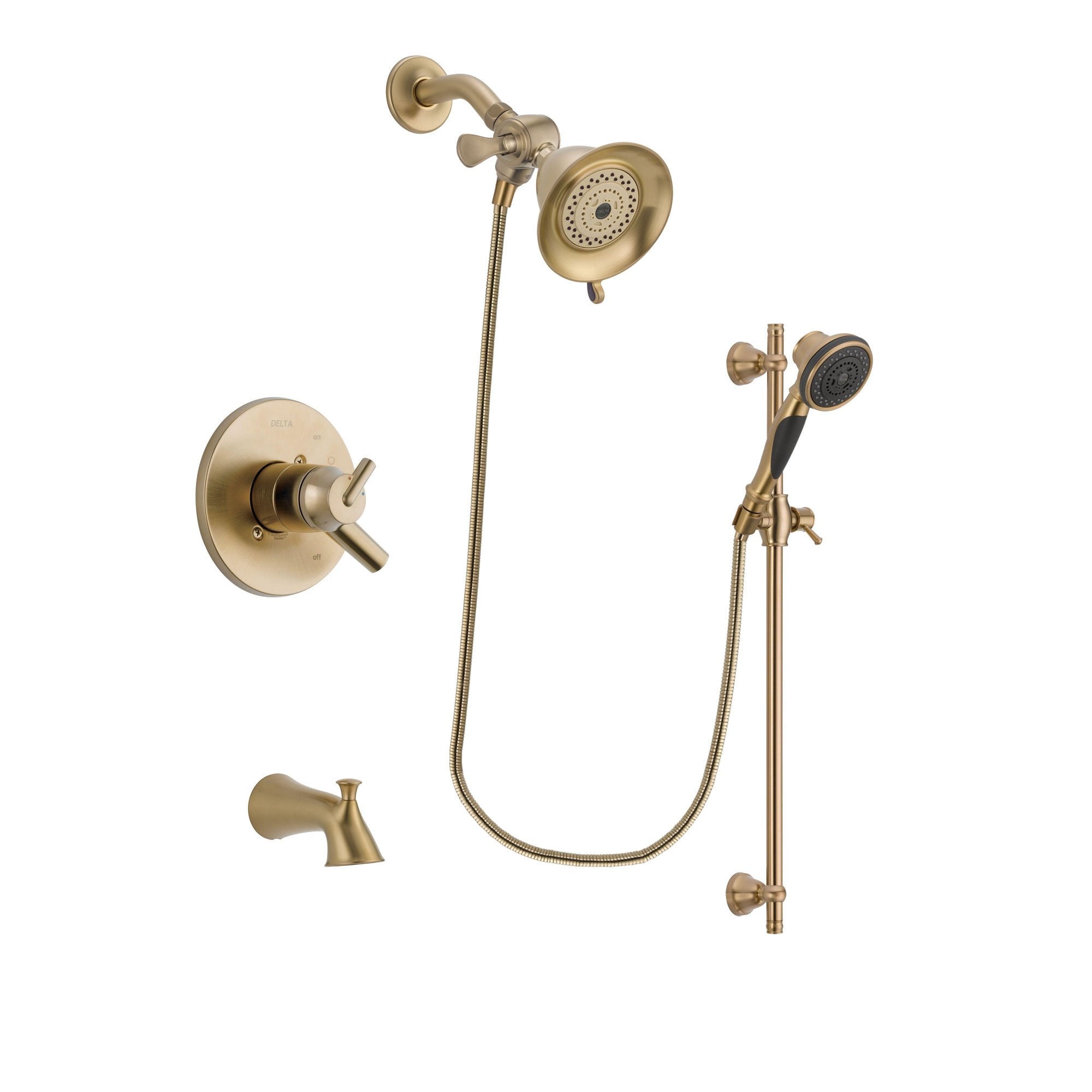 Delta Trinsic Champagne Bronze Finish Dual Control Tub and Shower Faucet System Package with Water-Efficient Shower Head and Personal Handheld Shower Spray with Slide Bar Includes Rough-in Valve and Tub Spout DSP3543V