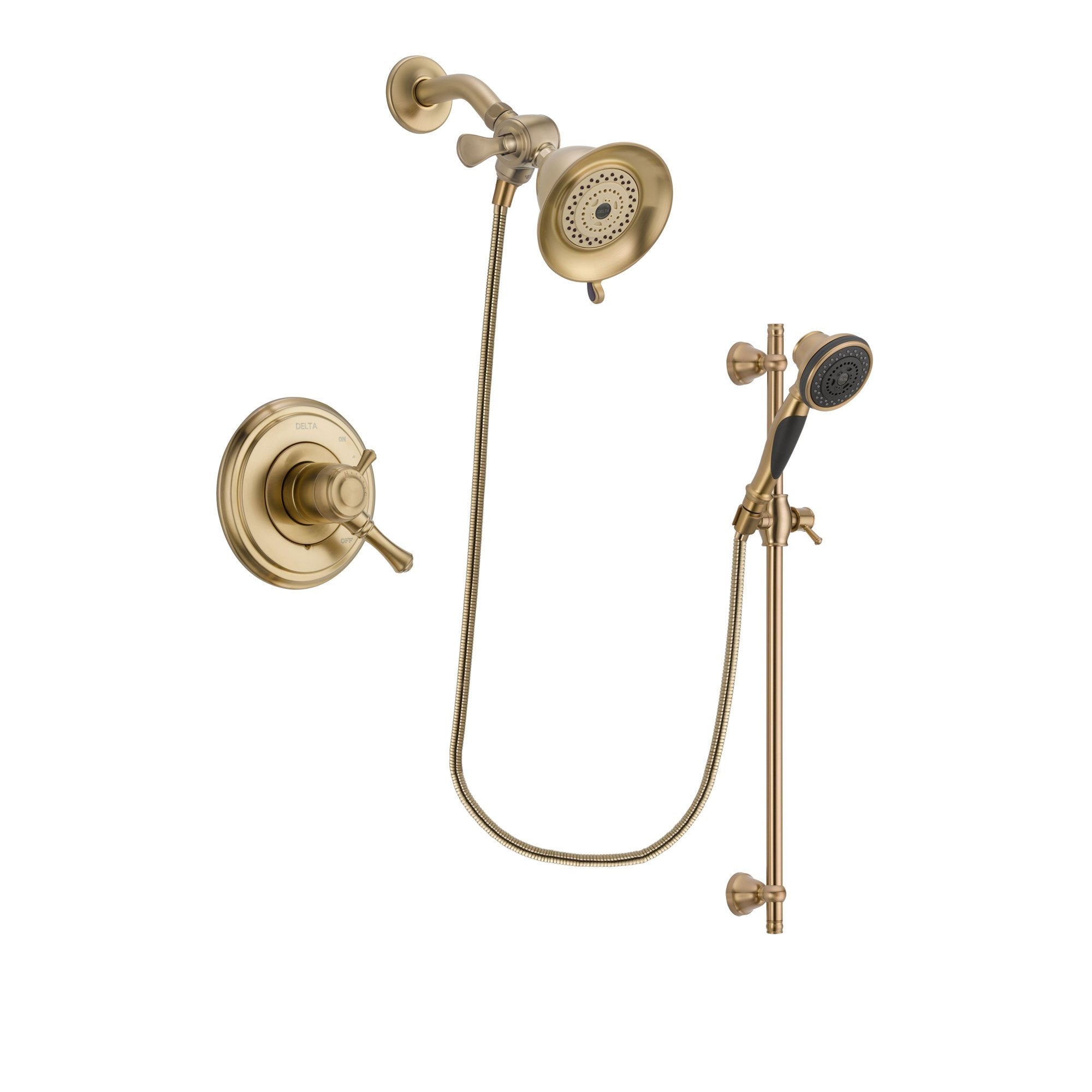 Delta Cassidy Champagne Bronze Finish Dual Control Shower Faucet System Package with Water-Efficient Shower Head and Personal Handheld Shower Spray with Slide Bar Includes Rough-in Valve DSP3550V