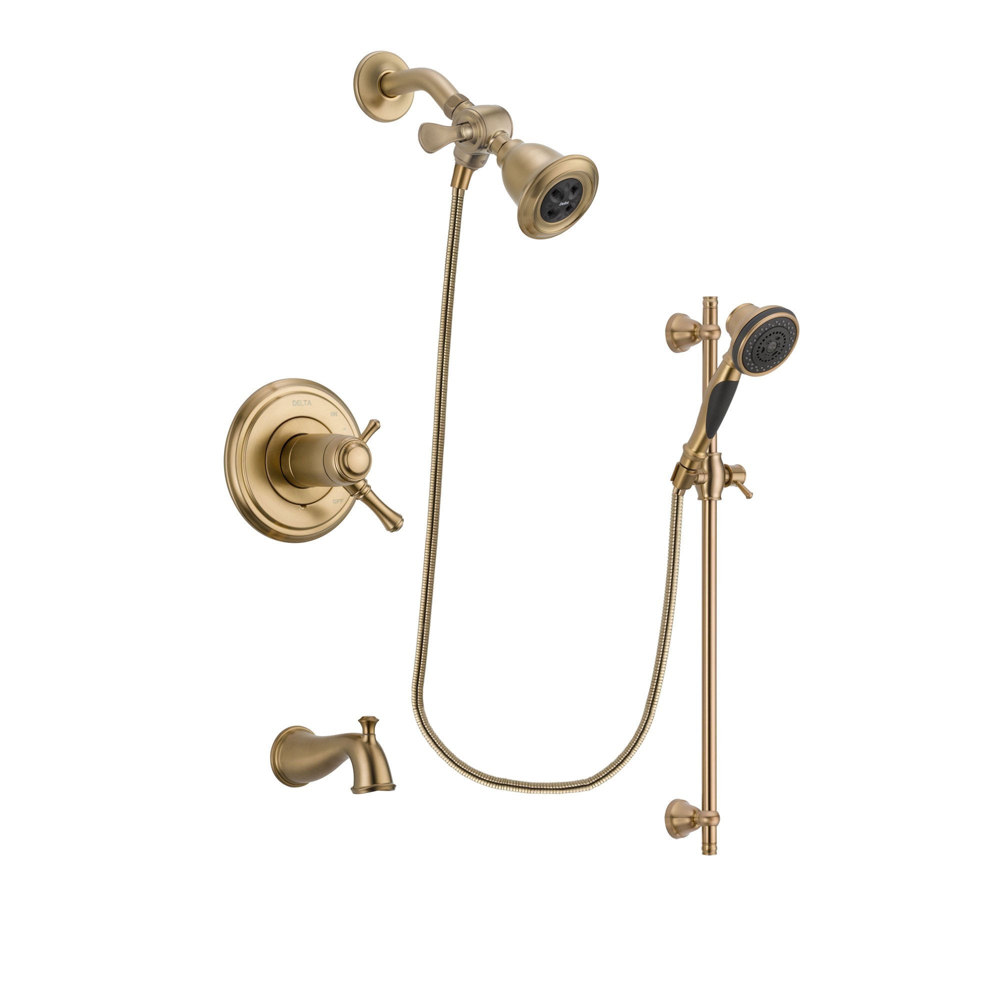 Delta Cassidy Champagne Bronze Finish Thermostatic Tub and Shower Faucet System Package with Water Efficient Showerhead and Personal Handheld Shower Spray with Slide Bar Includes Rough-in Valve and Tub Spout DSP3557V