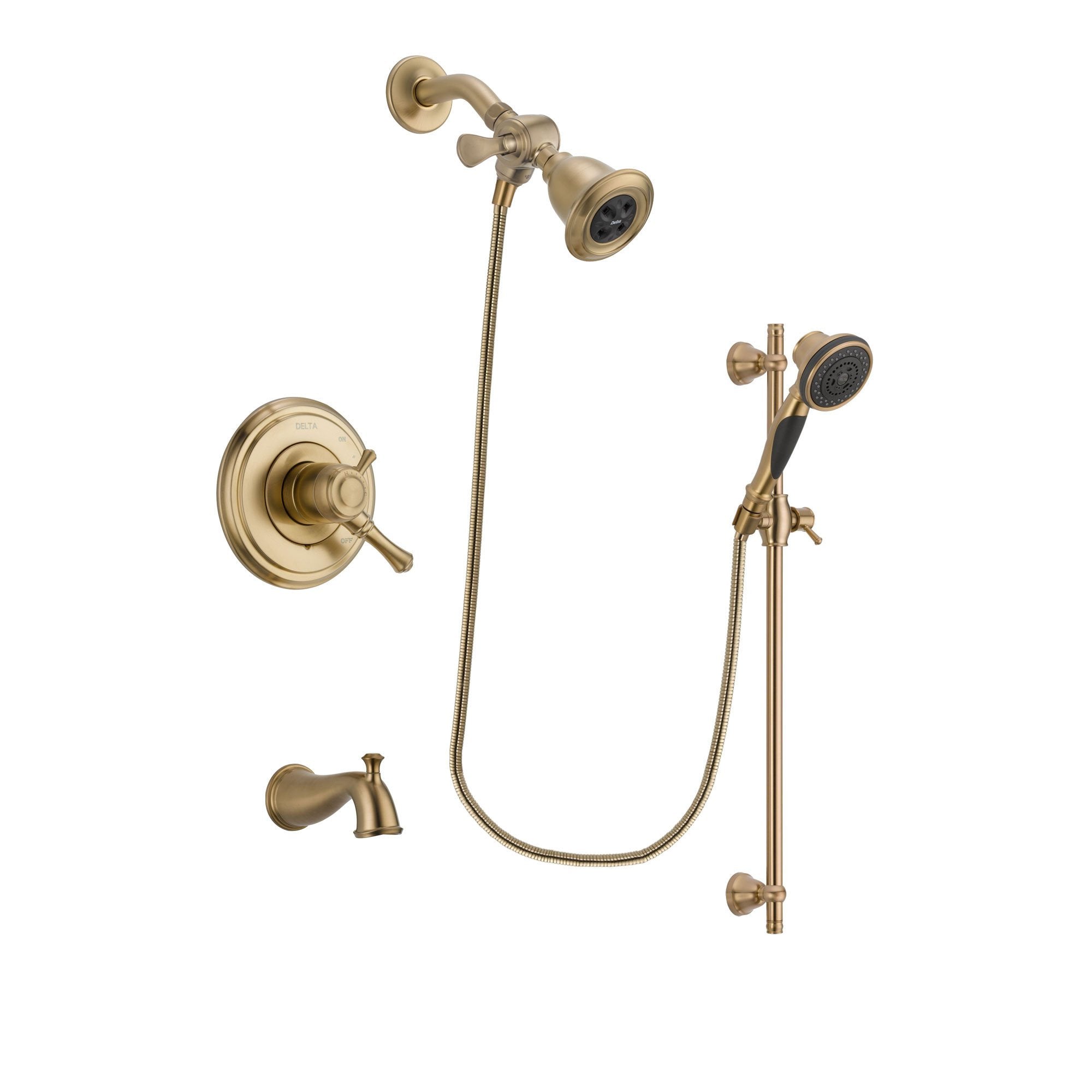 Delta Cassidy Champagne Bronze Finish Dual Control Tub and Shower Faucet System Package with Water Efficient Showerhead and Personal Handheld Shower Spray with Slide Bar Includes Rough-in Valve and Tub Spout DSP3575V