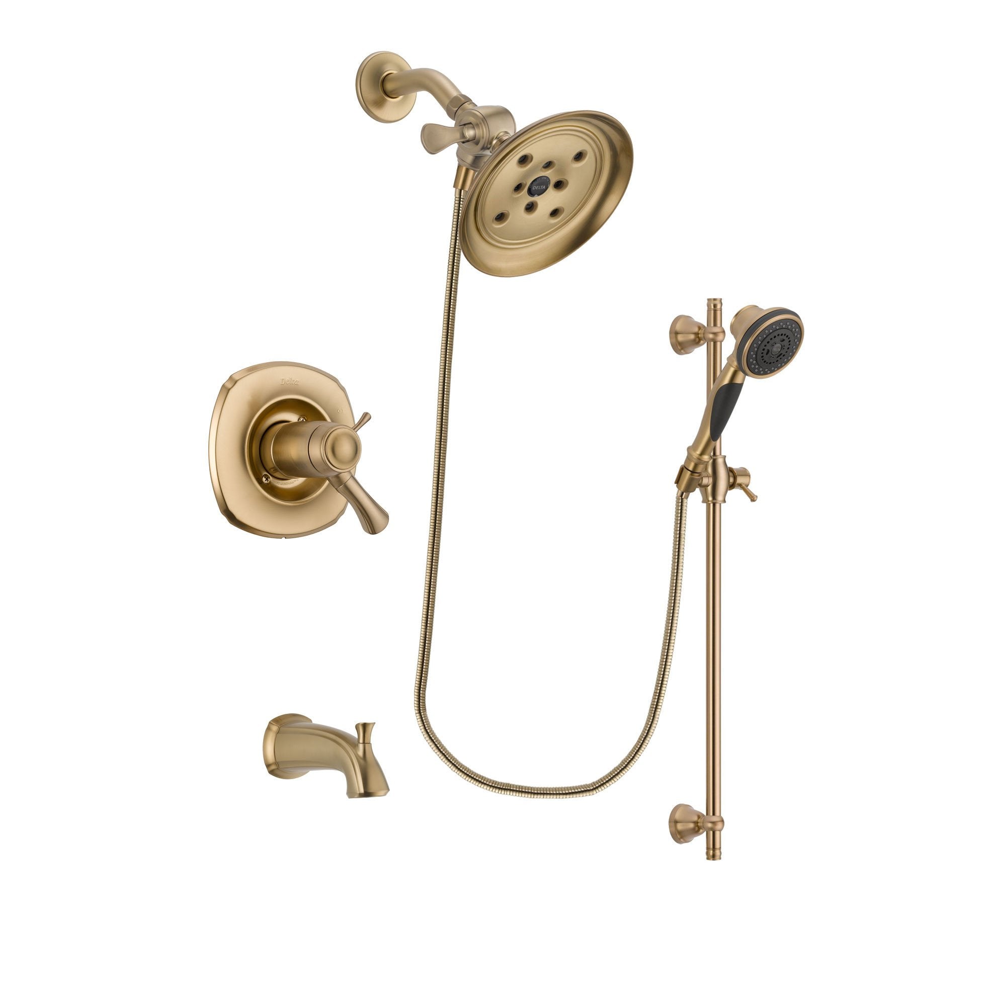 Delta Addison Champagne Bronze Finish Thermostatic Tub and Shower Faucet System Package with Large Rain Shower Head and Personal Handheld Shower Spray with Slide Bar Includes Rough-in Valve and Tub Spout DSP3581V