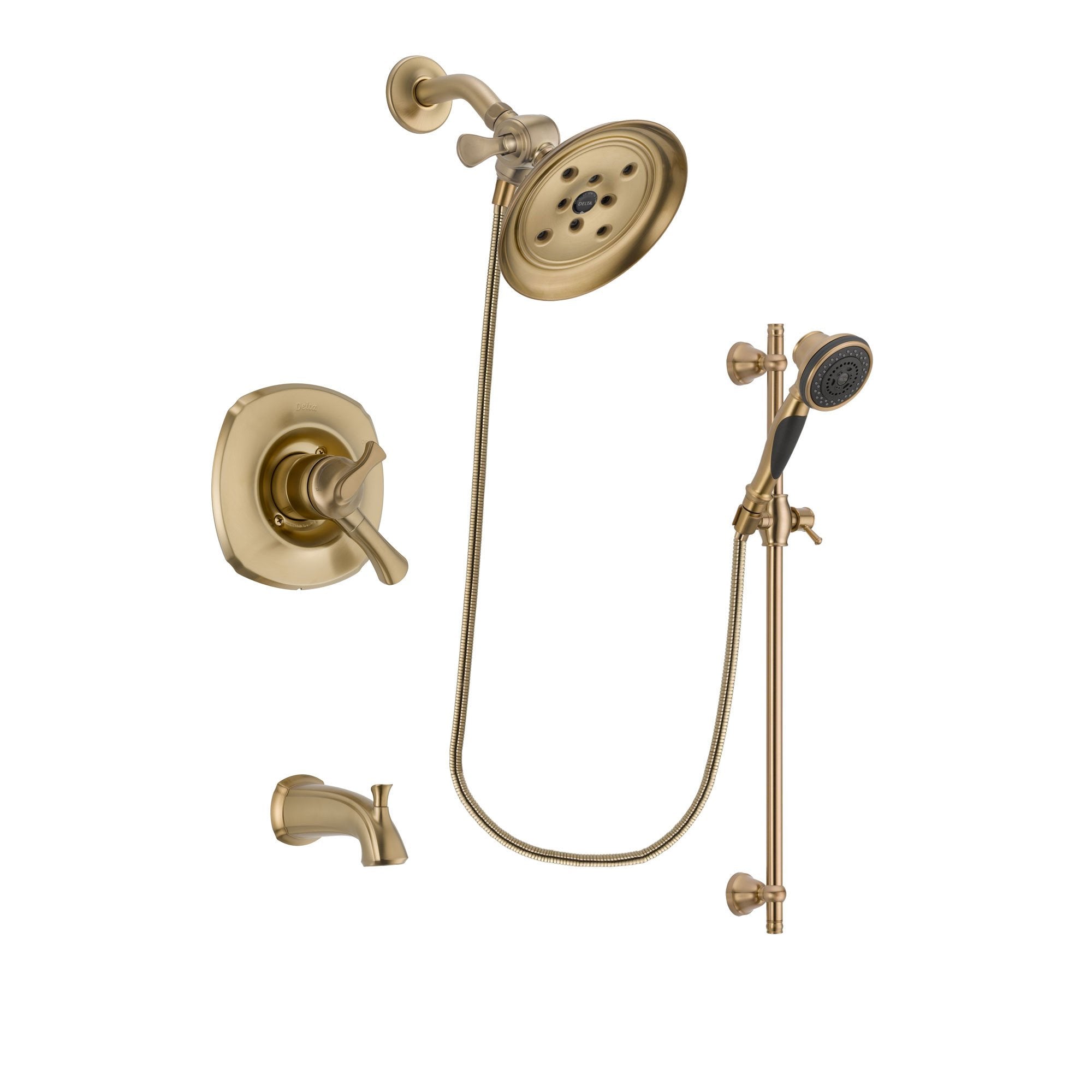 Delta Addison Champagne Bronze Finish Dual Control Tub and Shower Faucet System Package with Large Rain Shower Head and Personal Handheld Shower Spray with Slide Bar Includes Rough-in Valve and Tub Spout DSP3597V