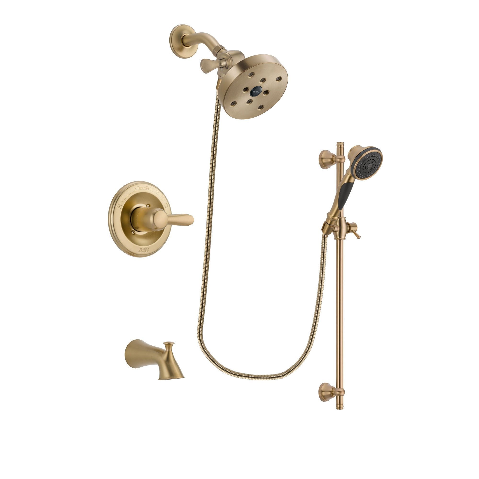 Delta Lahara Champagne Bronze Finish Tub and Shower Faucet System Package with 5-1/2 inch Showerhead and Personal Handheld Shower Spray with Slide Bar Includes Rough-in Valve and Tub Spout DSP3611V