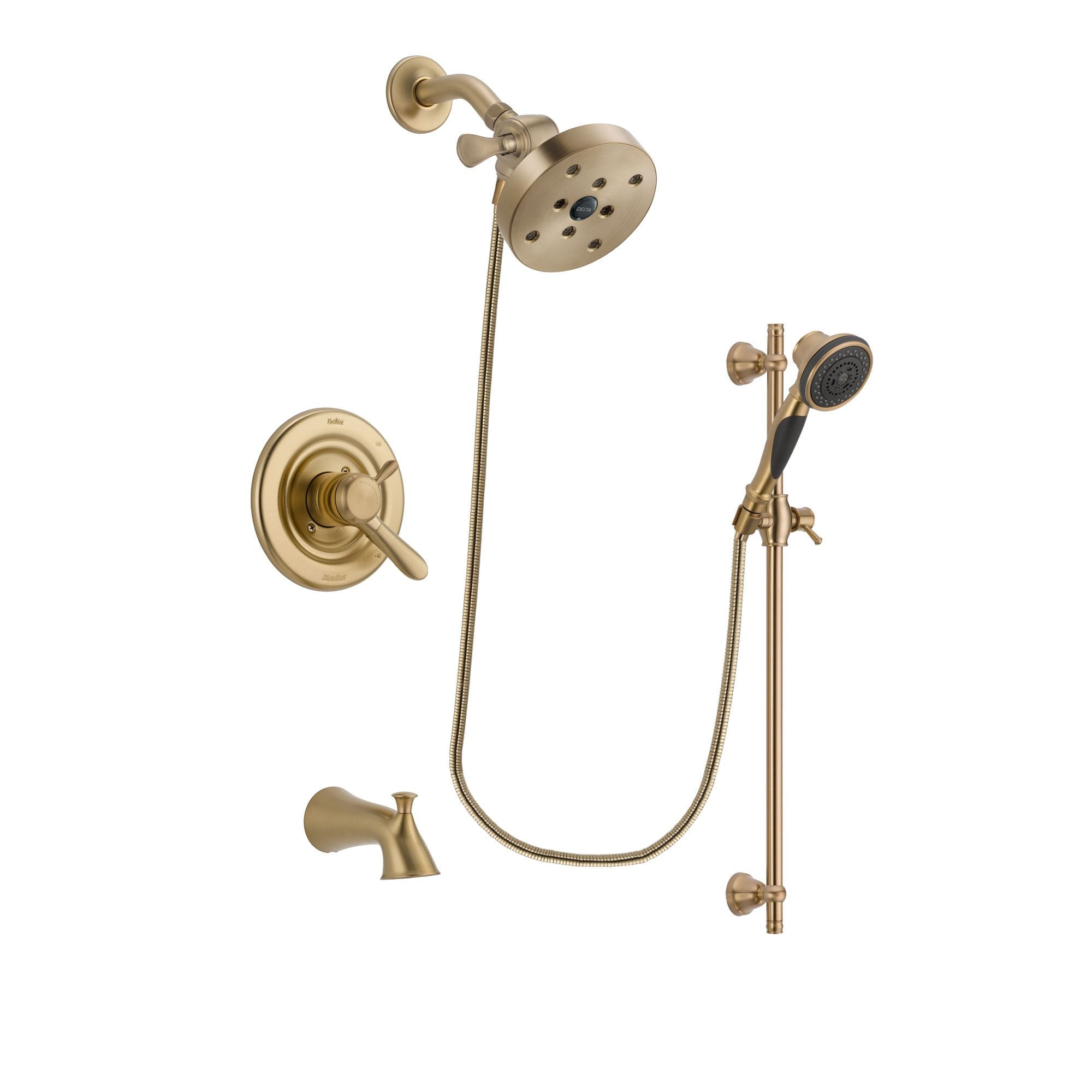 Delta Lahara Champagne Bronze Finish Dual Control Tub and Shower Faucet System Package with 5-1/2 inch Showerhead and Personal Handheld Shower Spray with Slide Bar Includes Rough-in Valve and Tub Spout DSP3619V