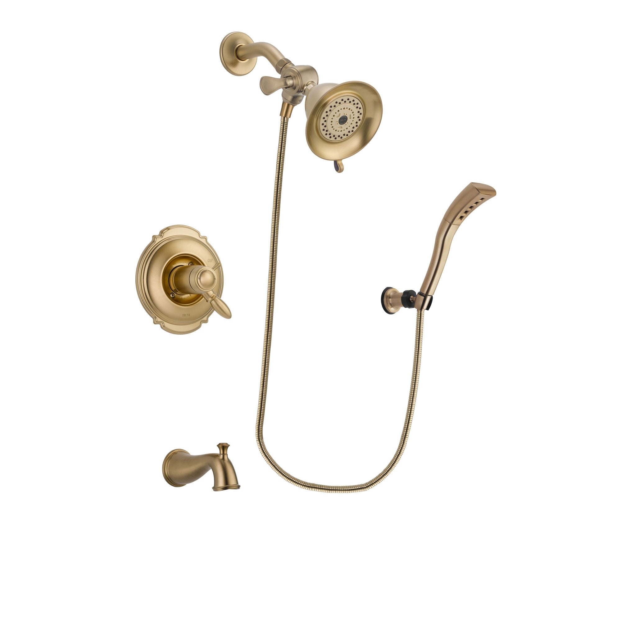 Delta Victorian Champagne Bronze Finish Thermostatic Tub and Shower Faucet System Package with Water-Efficient Shower Head and Modern Wall Mount Personal Handheld Shower Spray Includes Rough-in Valve and Tub Spout DSP3631V