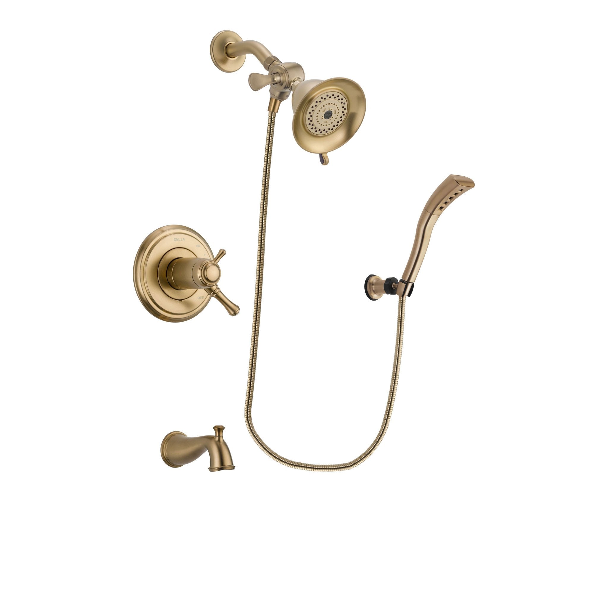 Delta Cassidy Champagne Bronze Finish Thermostatic Tub and Shower Faucet System Package with Water-Efficient Shower Head and Modern Wall Mount Personal Handheld Shower Spray Includes Rough-in Valve and Tub Spout DSP3635V