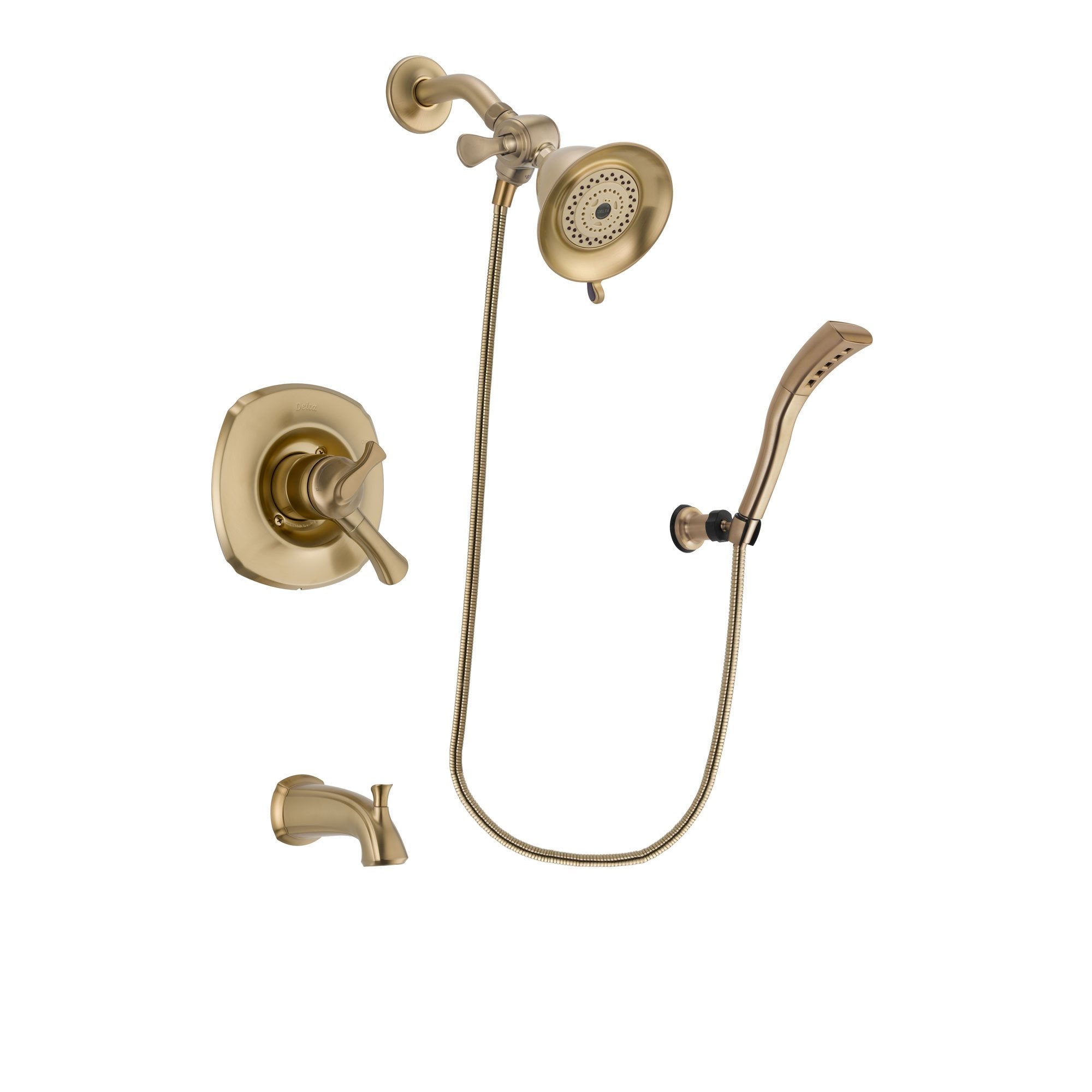 Delta Addison Champagne Bronze Finish Dual Control Tub and Shower Faucet System Package with Water-Efficient Shower Head and Modern Wall Mount Personal Handheld Shower Spray Includes Rough-in Valve and Tub Spout DSP3649V