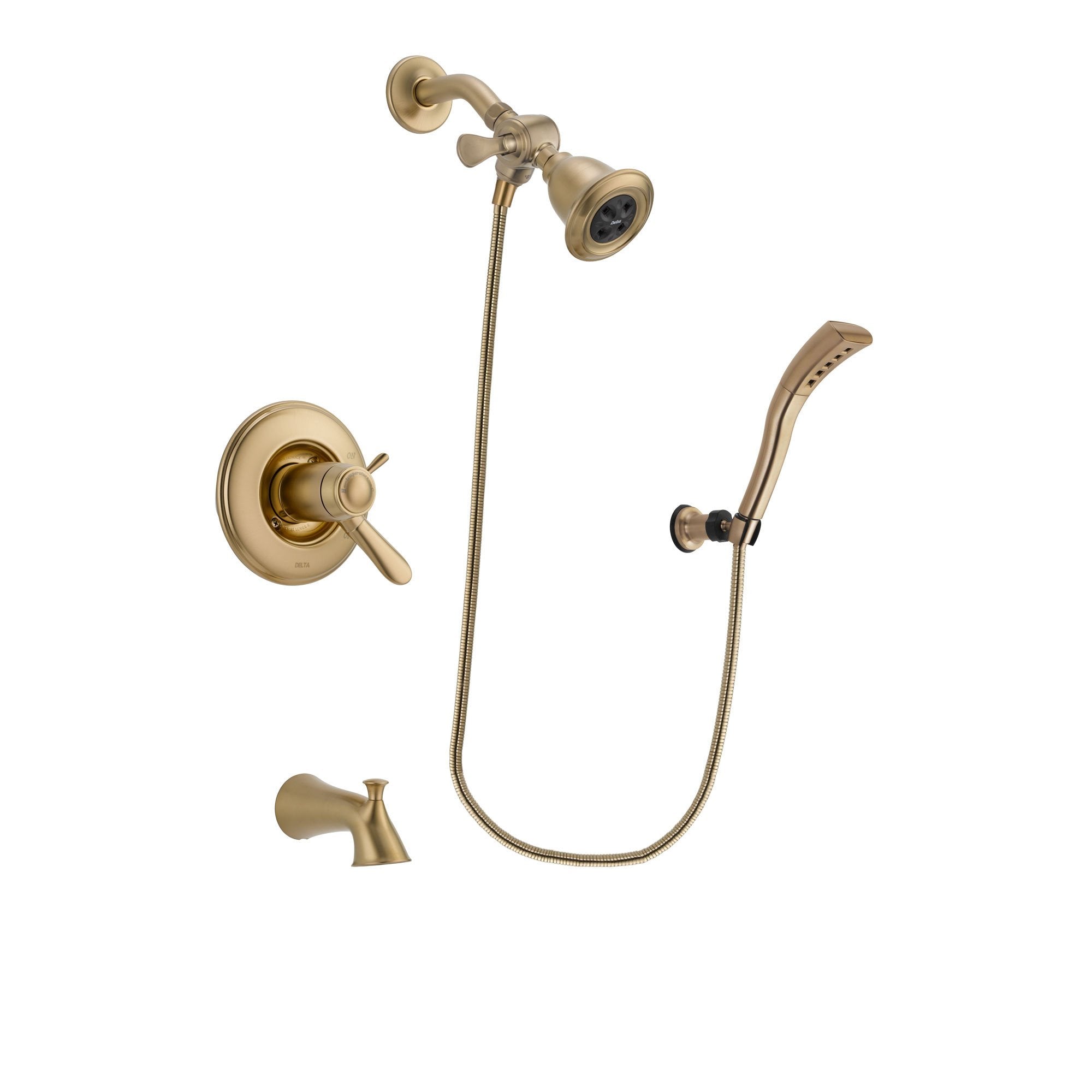 Delta Lahara Champagne Bronze Finish Thermostatic Tub and Shower Faucet System Package with Water Efficient Showerhead and Modern Wall Mount Personal Handheld Shower Spray Includes Rough-in Valve and Tub Spout DSP3655V