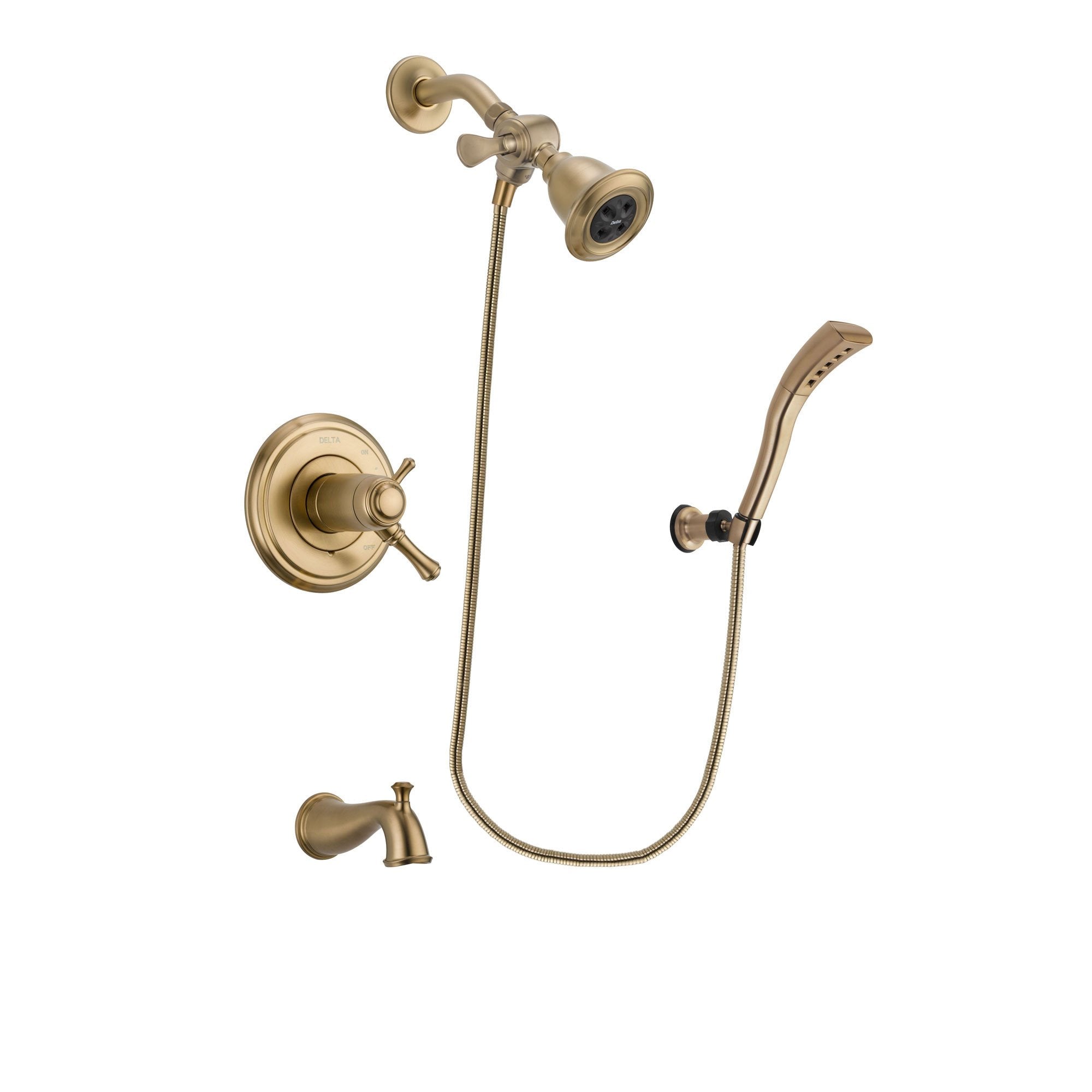 Delta Cassidy Champagne Bronze Finish Thermostatic Tub and Shower Faucet System Package with Water Efficient Showerhead and Modern Wall Mount Personal Handheld Shower Spray Includes Rough-in Valve and Tub Spout DSP3661V