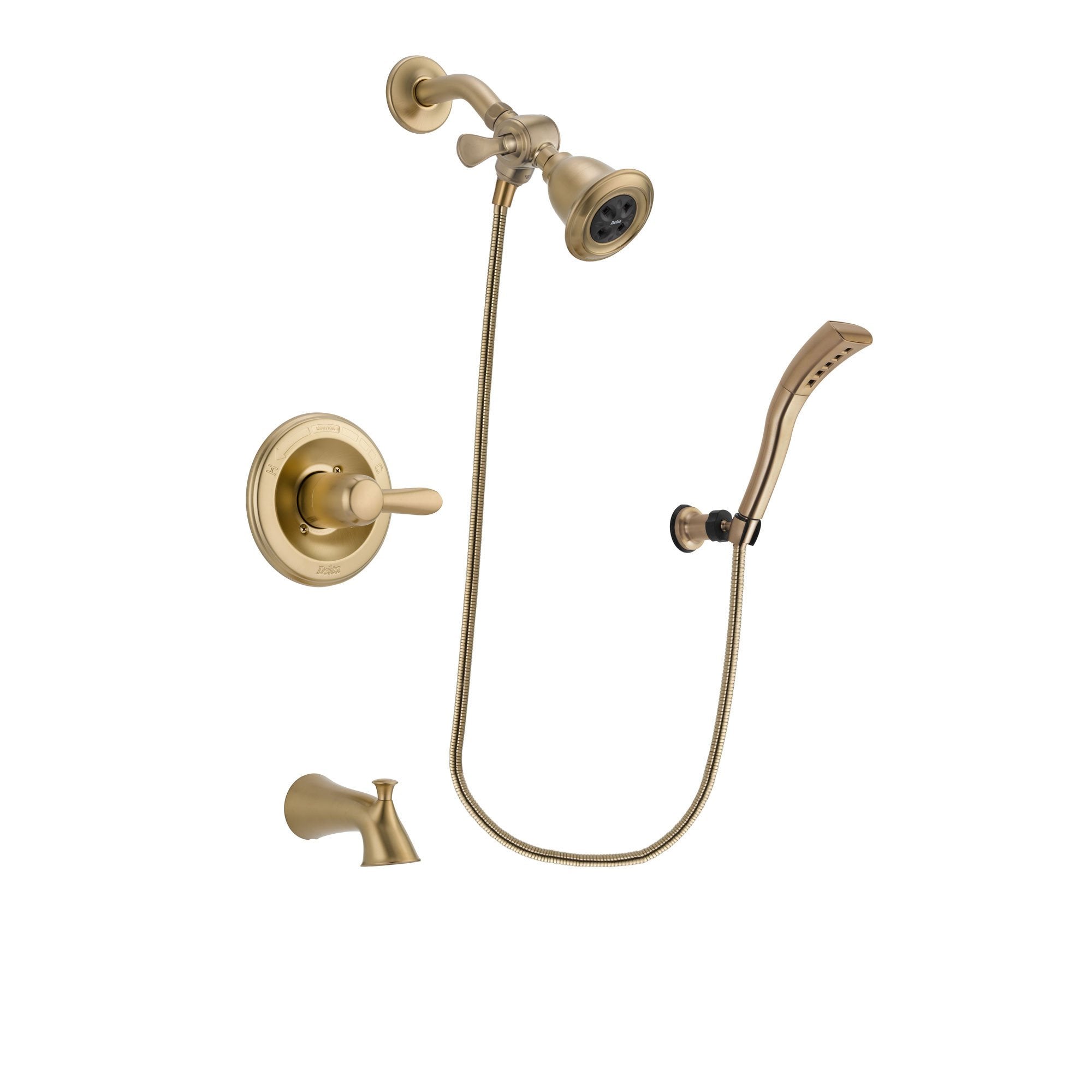 Delta Lahara Champagne Bronze Finish Tub and Shower Faucet System Package with Water Efficient Showerhead and Modern Wall Mount Personal Handheld Shower Spray Includes Rough-in Valve and Tub Spout DSP3663V