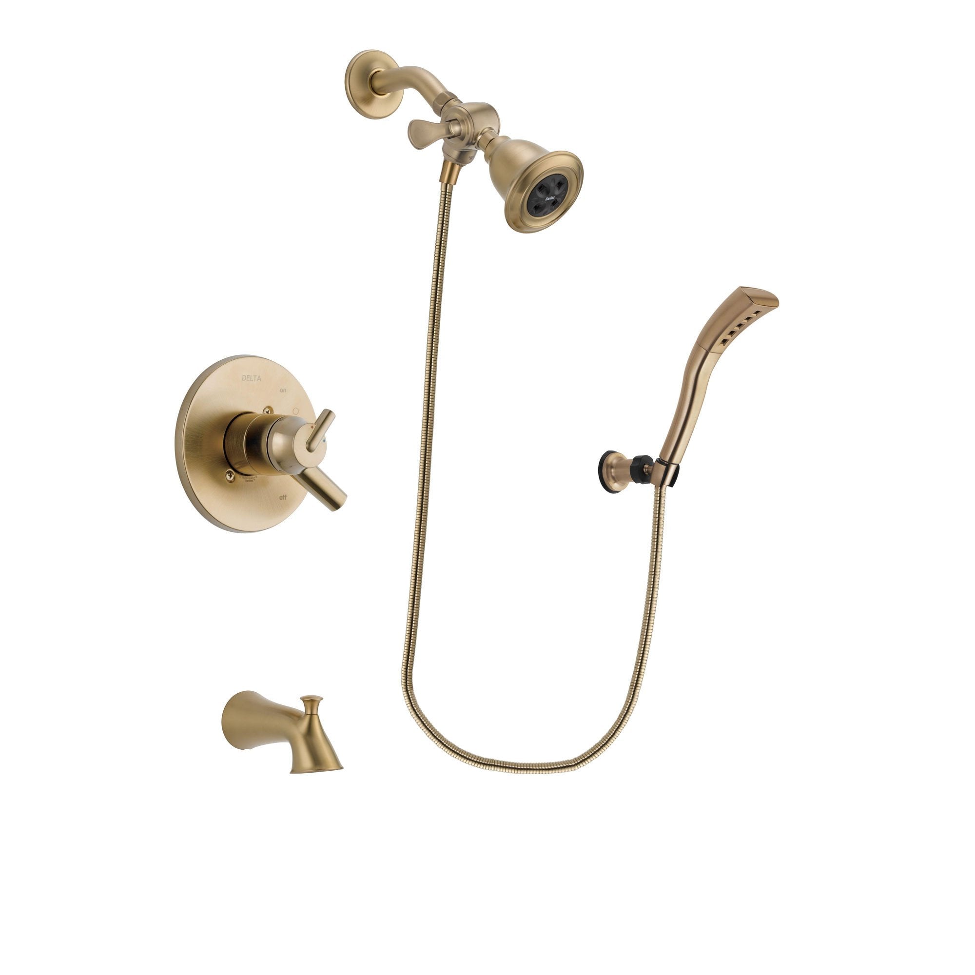Delta Trinsic Champagne Bronze Finish Dual Control Tub and Shower Faucet System Package with Water Efficient Showerhead and Modern Wall Mount Personal Handheld Shower Spray Includes Rough-in Valve and Tub Spout DSP3673V