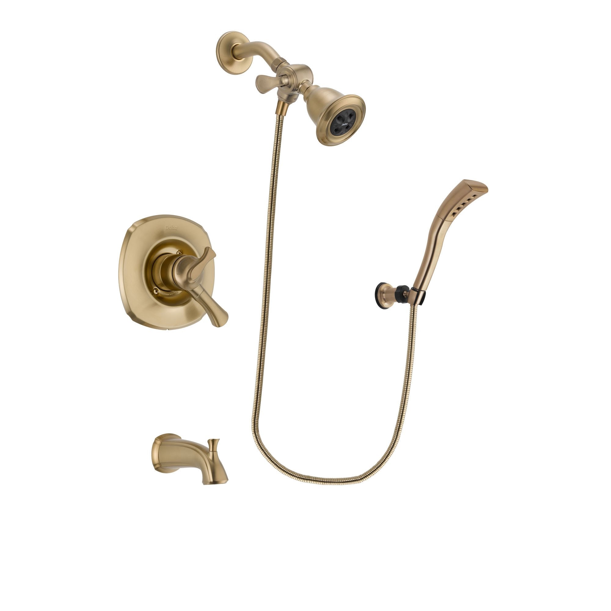 Delta Addison Champagne Bronze Finish Dual Control Tub and Shower Faucet System Package with Water Efficient Showerhead and Modern Wall Mount Personal Handheld Shower Spray Includes Rough-in Valve and Tub Spout DSP3675V