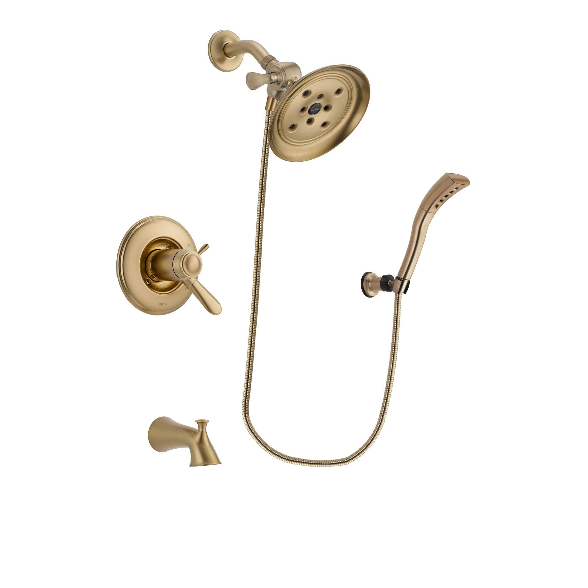 Delta Lahara Champagne Bronze Finish Thermostatic Tub and Shower Faucet System Package with Large Rain Shower Head and Modern Wall Mount Personal Handheld Shower Spray Includes Rough-in Valve and Tub Spout DSP3681V