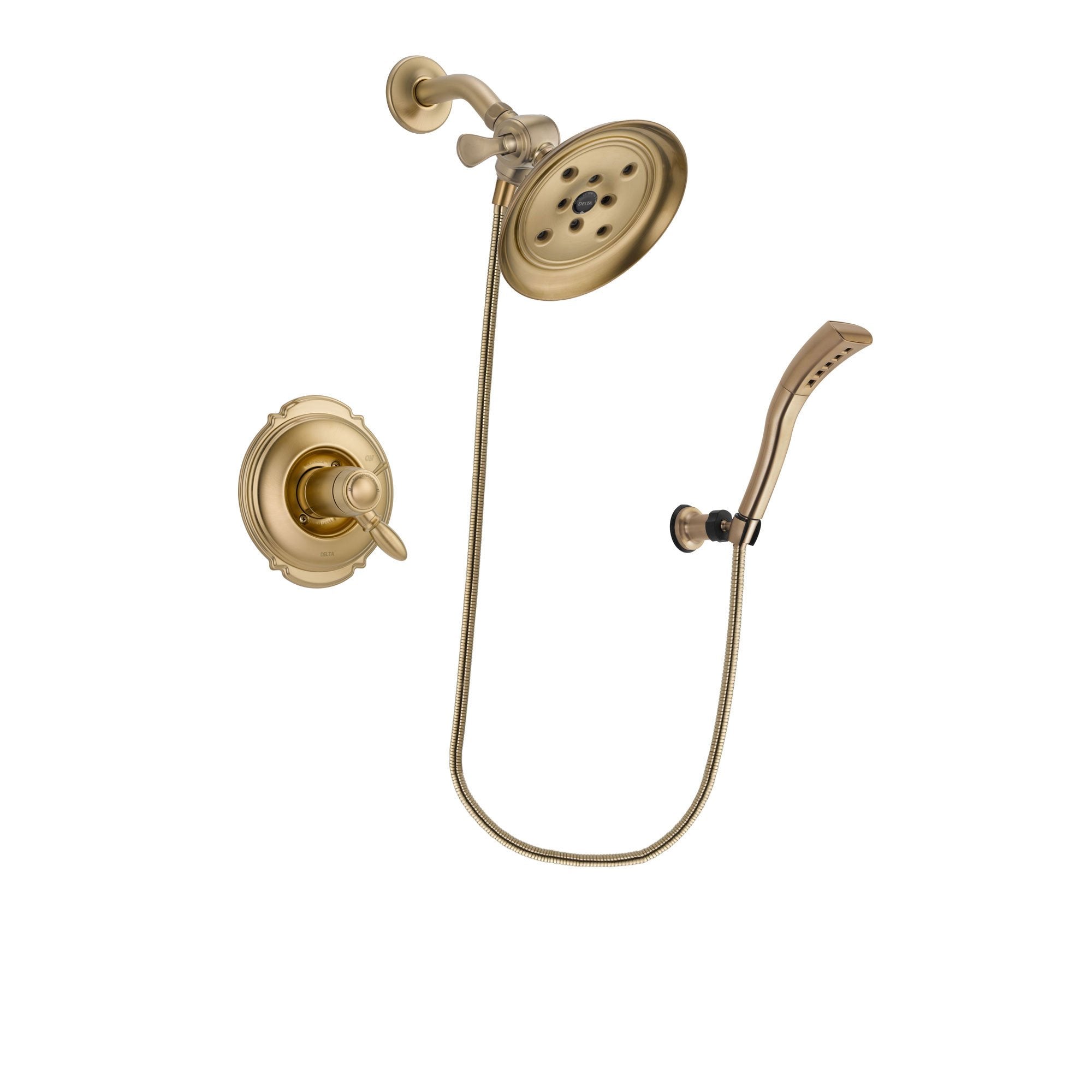 Delta Victorian Champagne Bronze Finish Thermostatic Shower Faucet System Package with Large Rain Shower Head and Modern Wall Mount Personal Handheld Shower Spray Includes Rough-in Valve DSP3684V