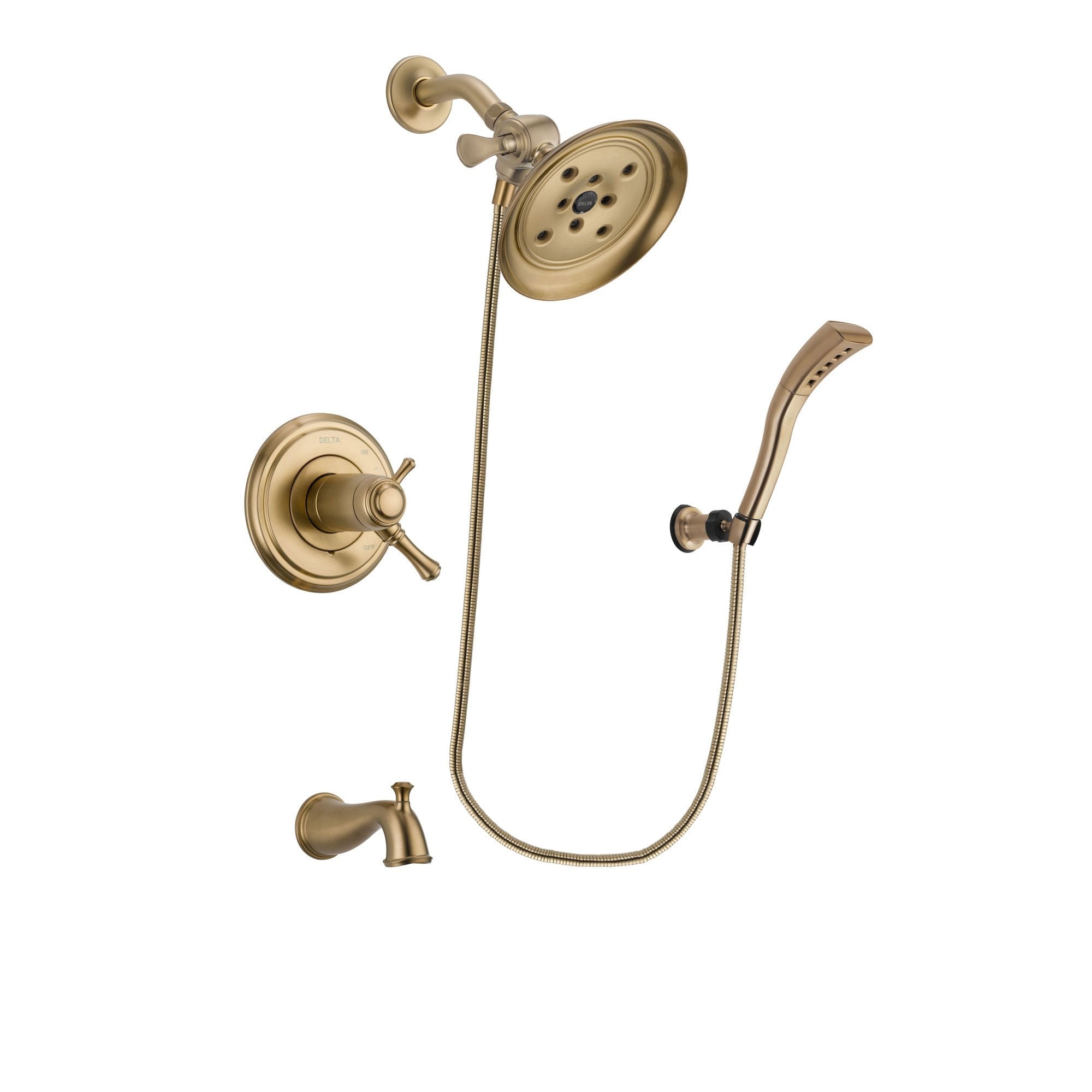 Delta Cassidy Champagne Bronze Finish Thermostatic Tub and Shower Faucet System Package with Large Rain Shower Head and Modern Wall Mount Personal Handheld Shower Spray Includes Rough-in Valve and Tub Spout DSP3687V