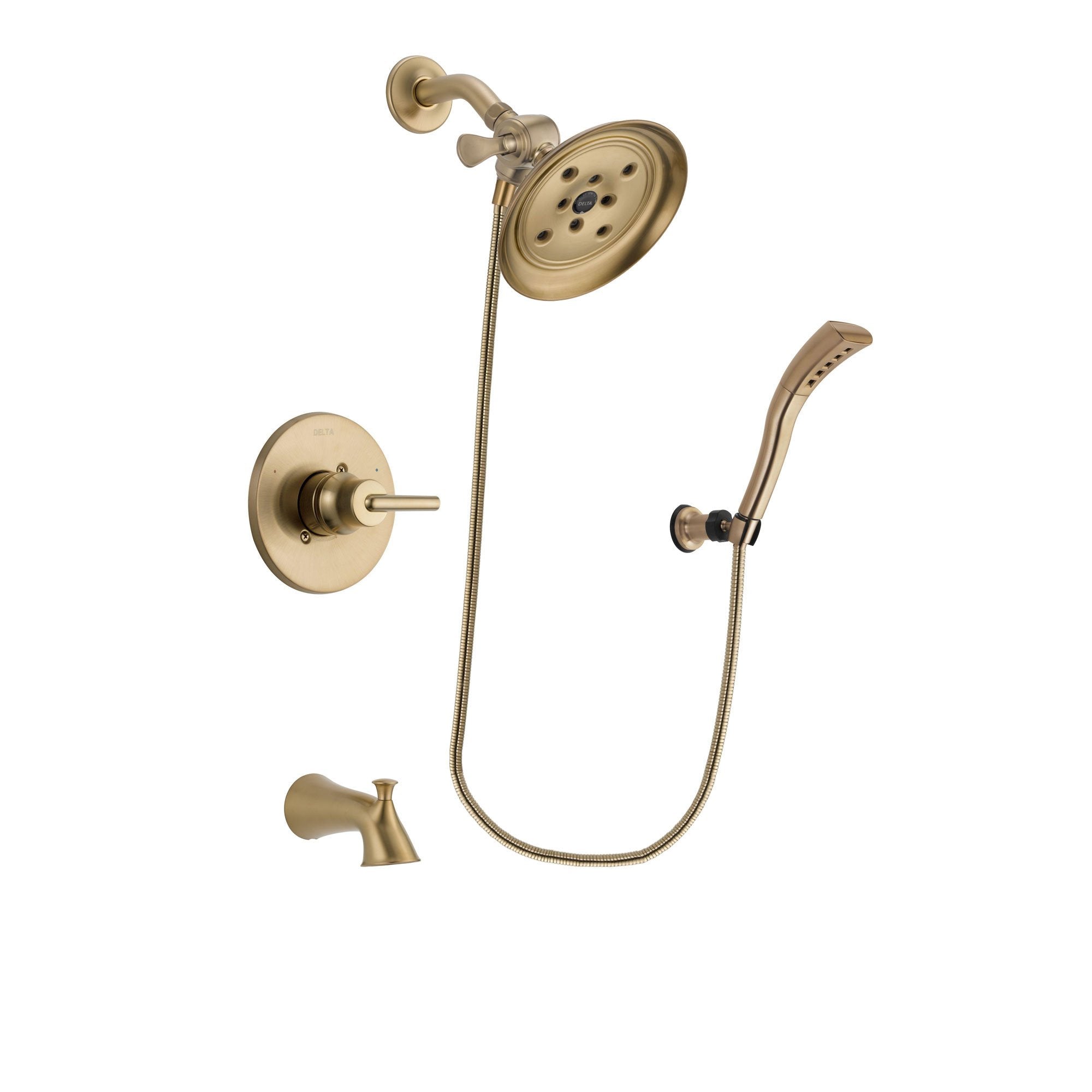 Delta Trinsic Champagne Bronze Finish Tub and Shower Faucet System Package with Large Rain Shower Head and Modern Wall Mount Personal Handheld Shower Spray Includes Rough-in Valve and Tub Spout DSP3691V