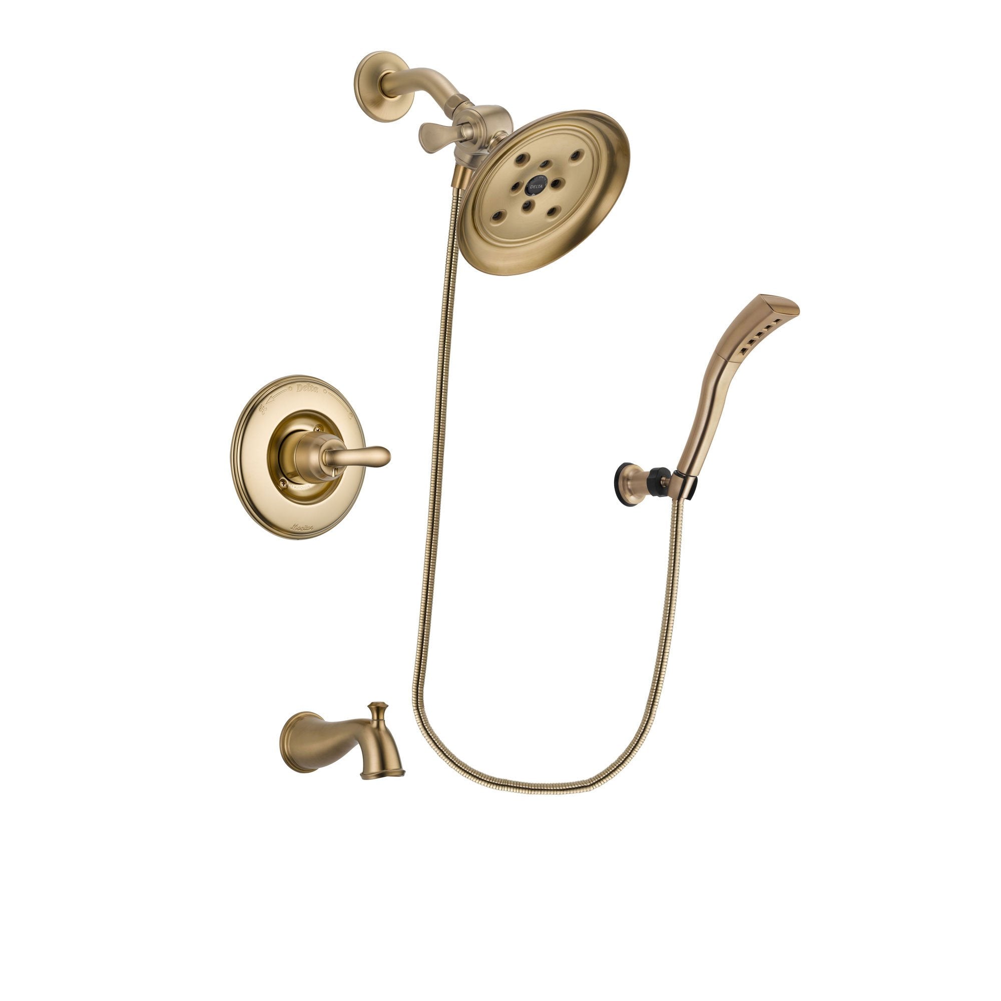 Delta Linden Champagne Bronze Finish Tub and Shower Faucet System Package with Large Rain Shower Head and Modern Wall Mount Personal Handheld Shower Spray Includes Rough-in Valve and Tub Spout DSP3695V
