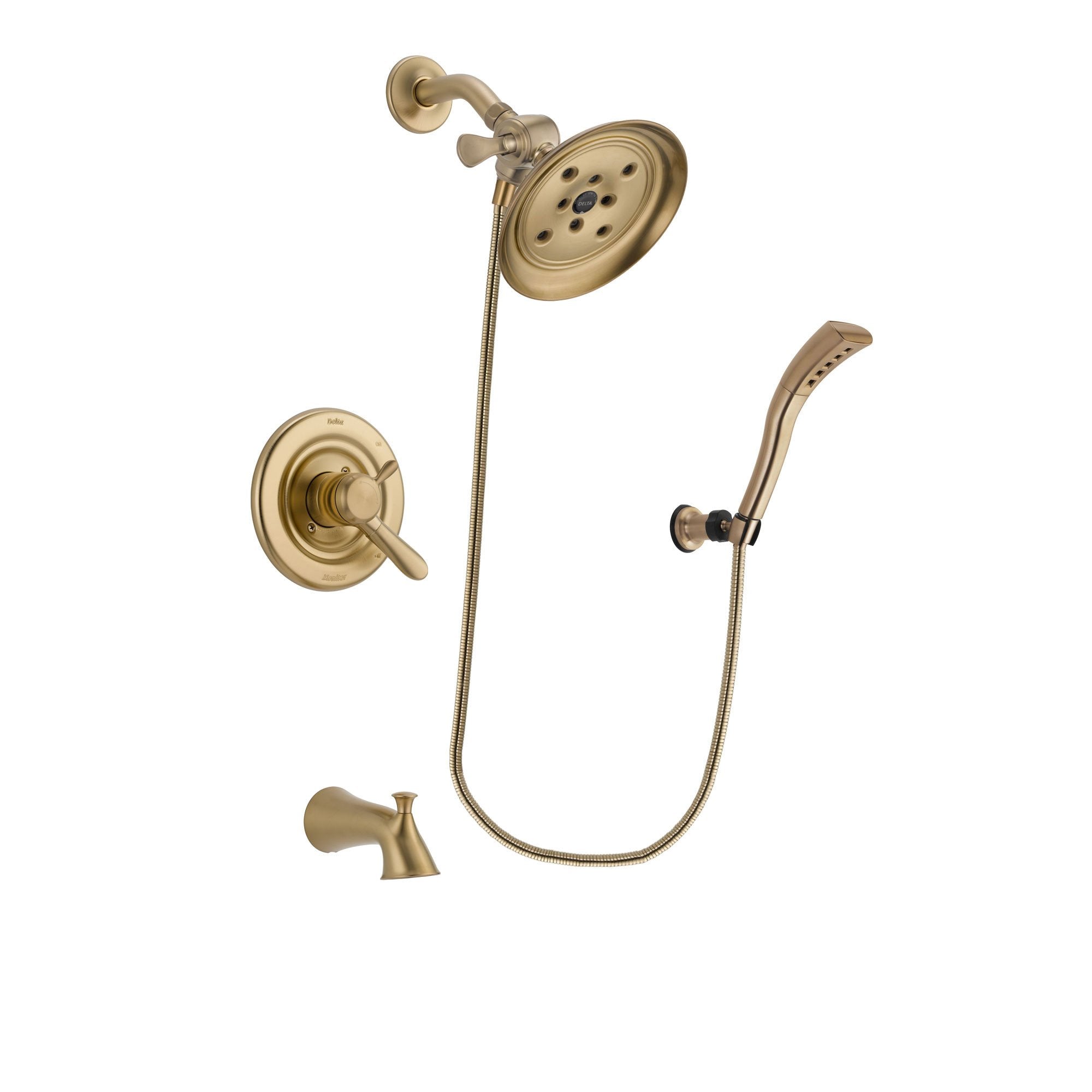 Delta Lahara Champagne Bronze Finish Dual Control Tub and Shower Faucet System Package with Large Rain Shower Head and Modern Wall Mount Personal Handheld Shower Spray Includes Rough-in Valve and Tub Spout DSP3697V