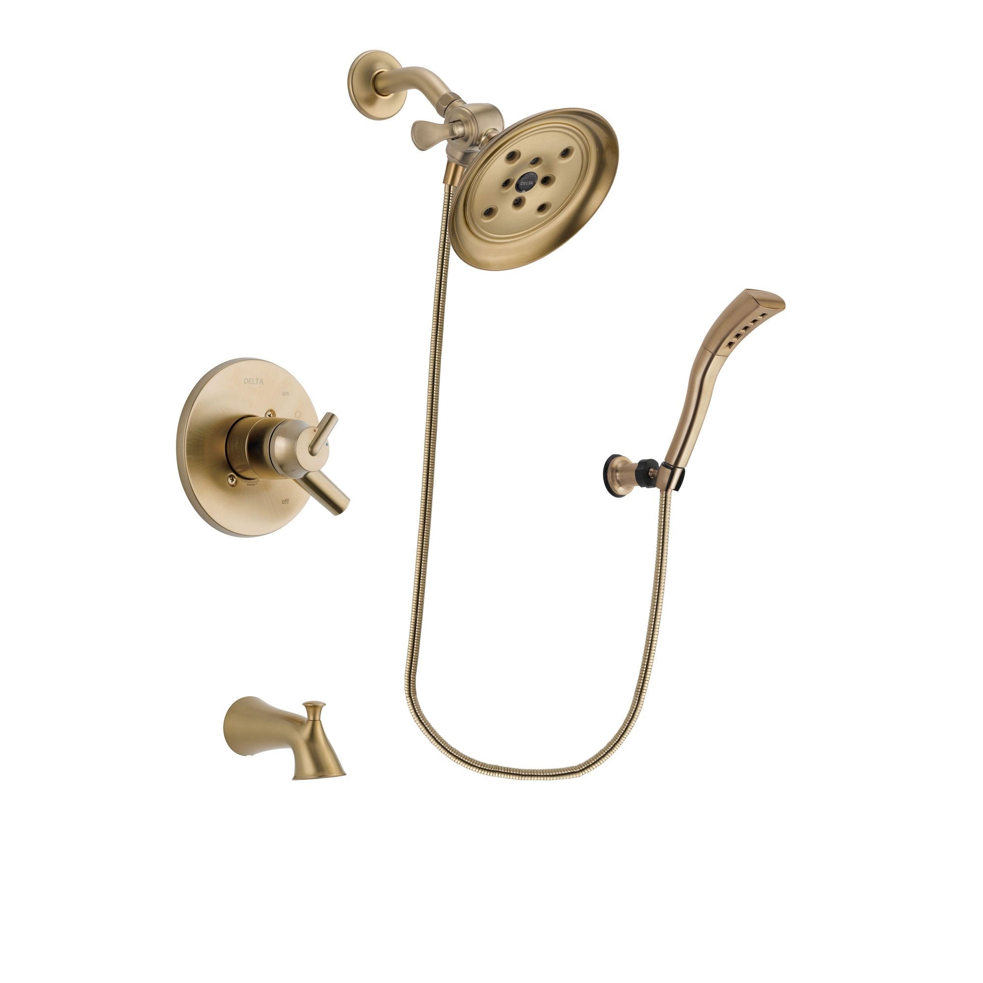 Delta Trinsic Champagne Bronze Finish Dual Control Tub and Shower Faucet System Package with Large Rain Shower Head and Modern Wall Mount Personal Handheld Shower Spray Includes Rough-in Valve and Tub Spout DSP3699V